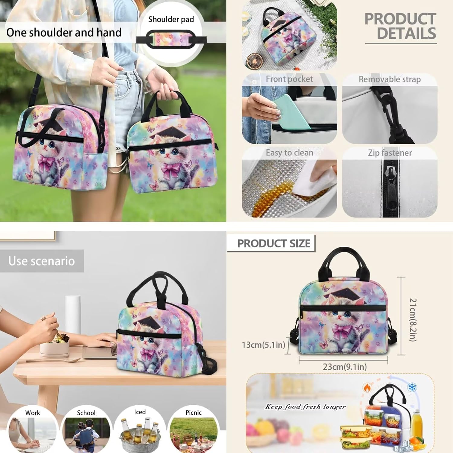 Biyejit Tie Dye 3PCS Backpack for Girls, 17" Cute Cat Kids Bookbag with Lunch Box Pen Bag, Elementary Preschool Kindergarten School Bags Set Casual Daypack
