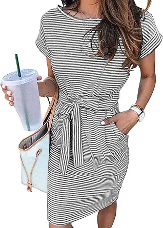 MEROKEETY Women's Summer Striped Short Sleeve T Shirt Dress Casual Tie Waist with Pockets