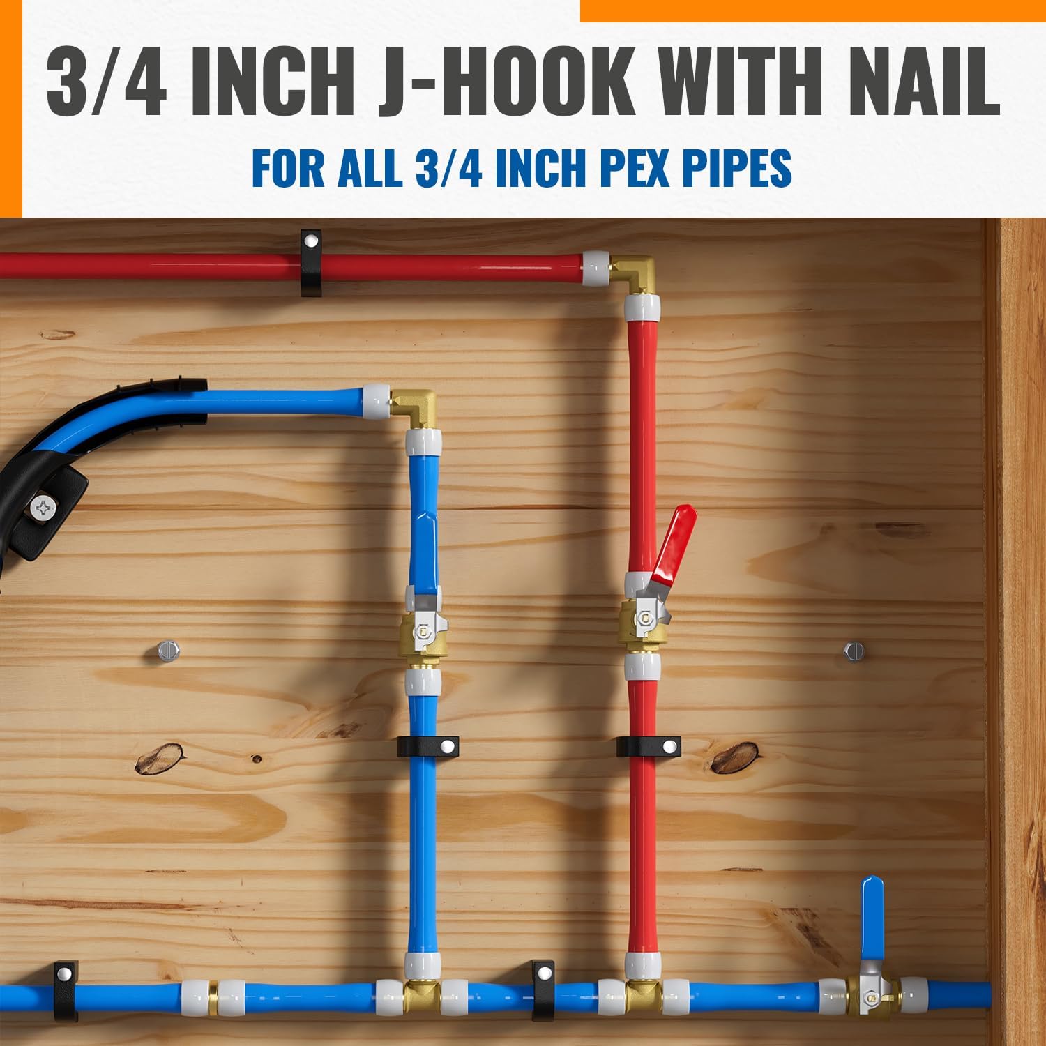 (120 Pack) SUNGATOR 3/4 Inch Pex J-Hook with Nails, Black Half Clamps, 3/4" J Clamps for Pex Pipe Support, 3/4" J-Hook Pipe Hanger Suitable for Wall Mount Pipe Tubing Fixture