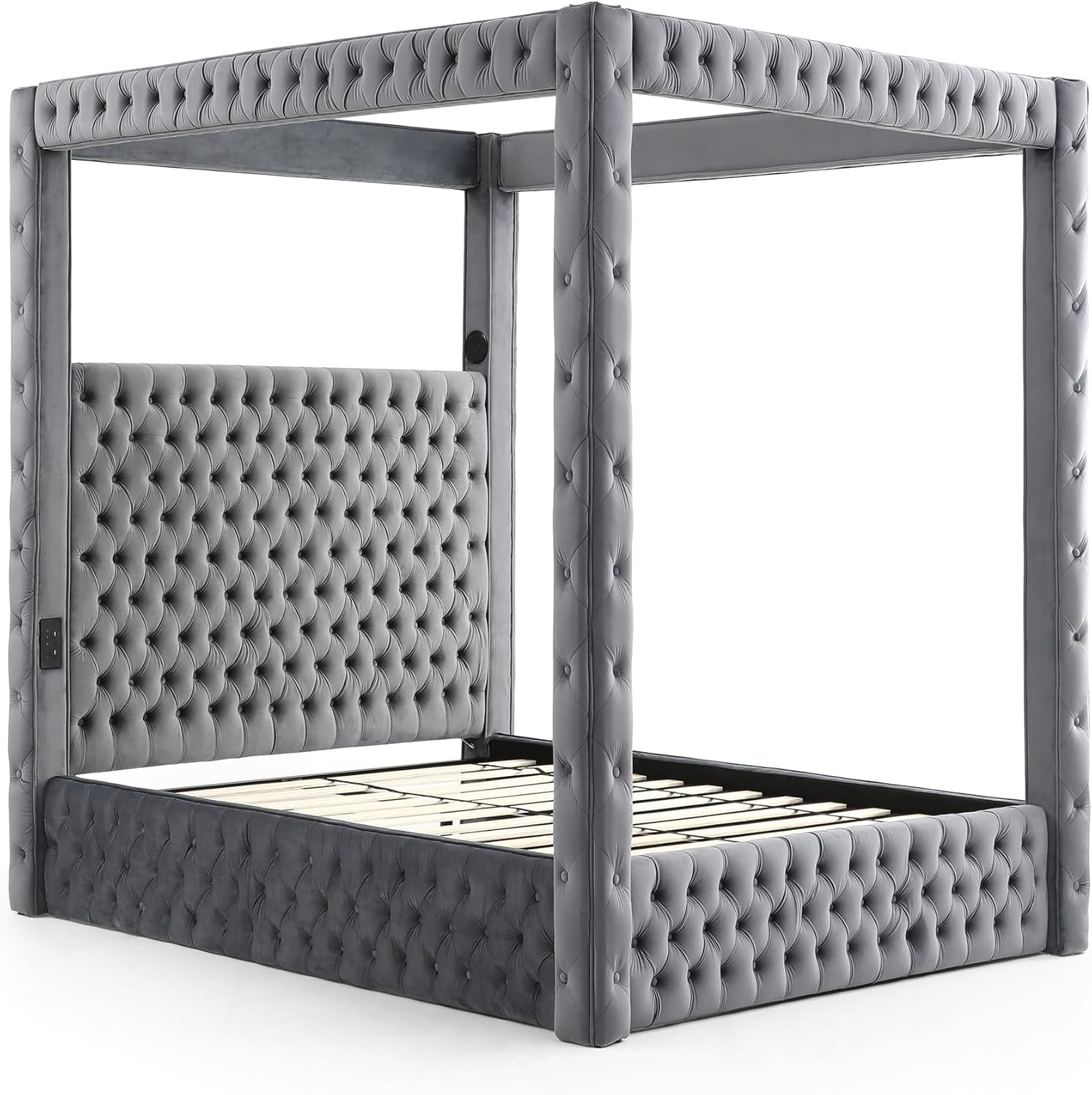 Better Home Products Dream Luxurious Velvet Canopy Bed with Speaker & USB Connection (Gray, Queen)
