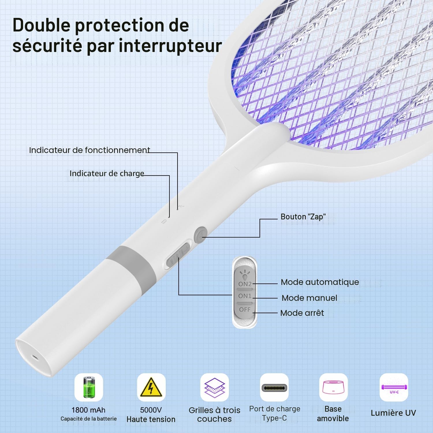 Raquette Electrique Insectes 5000V, 2000 mAh Raquette Moustique Electrique Raquette Anti Moustique Electrique UV Exterminator avec Base de Recharge, Efficace pour Intérieur Extérieur