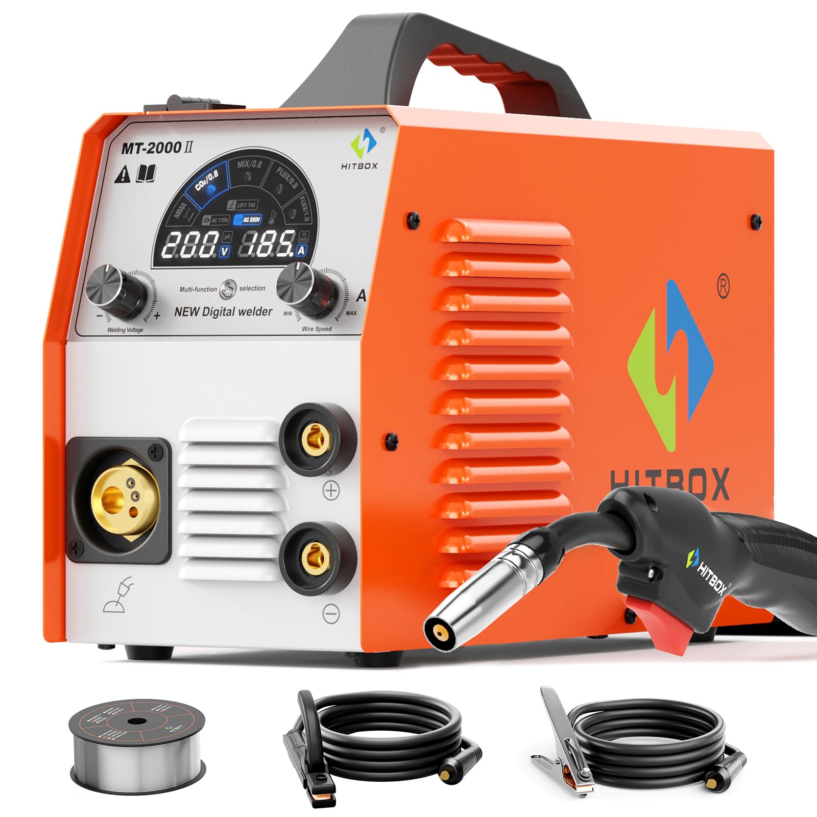 HITBOX 4 w 1 Spawarka MIG 200A 230V Inwertor IGBT Gaz/Bezgazowa MIG/MAG Flux Core MMA Lift TIG Wielofunkcyjna Spawarka Synergiczna (MT2000II)