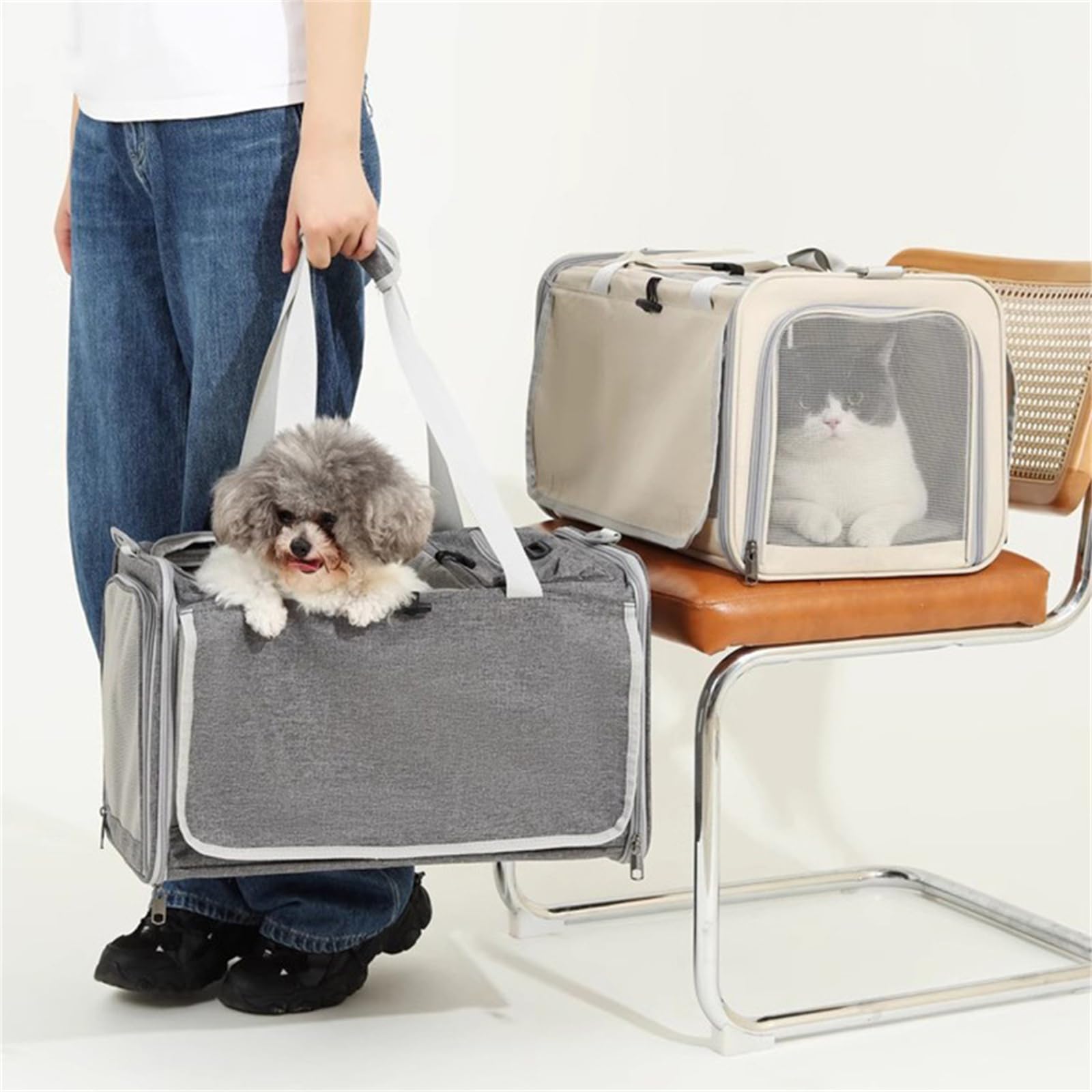 Transportin Gato Perro Pequeño, Bolsa Transporte Mascotas Transportin Gato Plegable Transpirable Duradera Bolsa de Transporte para Cachorros y Gatitos, Viaje, Paseo (47x29x30CM,Azul)