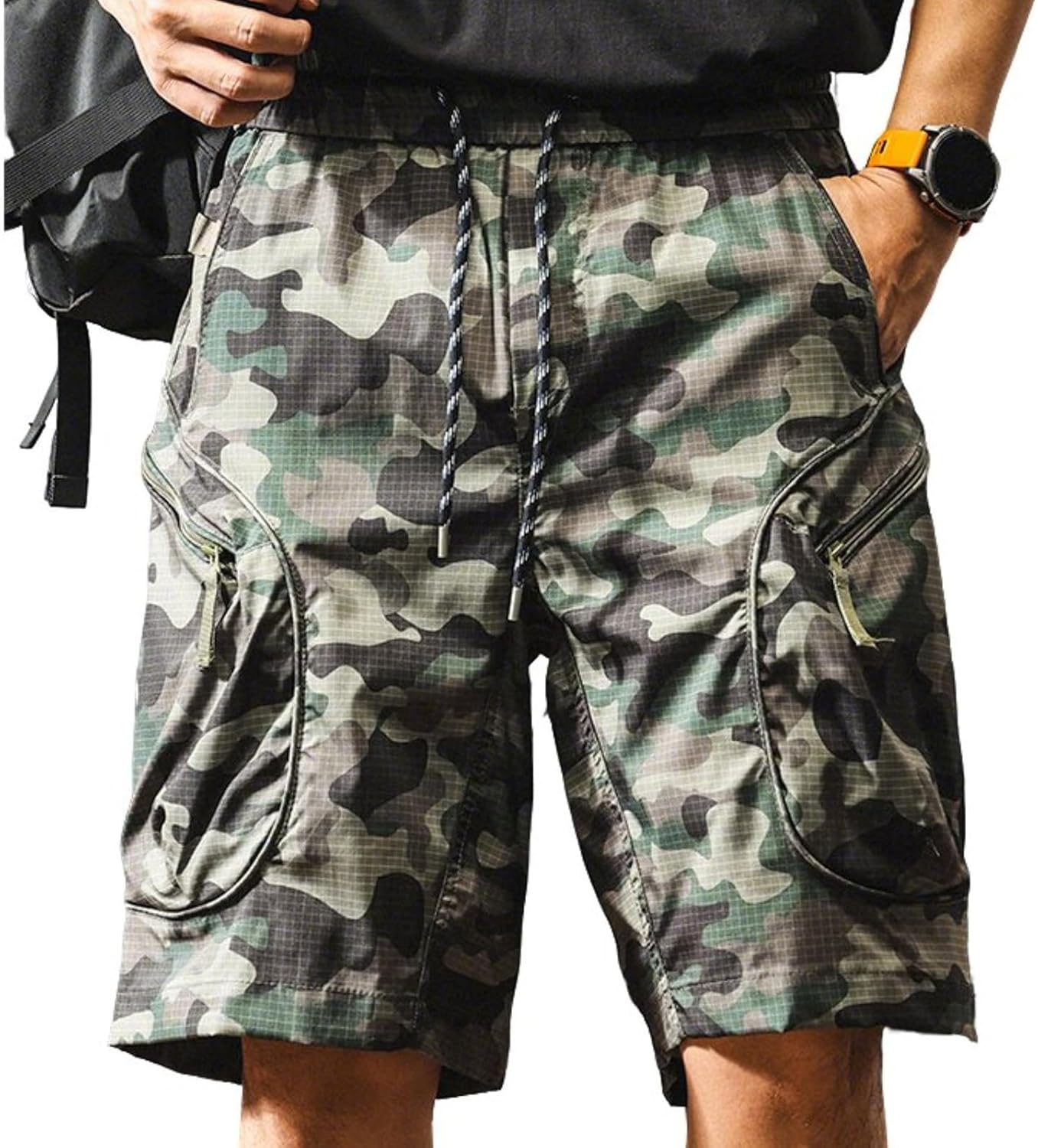 Men's Quick-Dry Shorts Drawstring Elastic Waist Lightweight Travel Shorts with Zipper Pocket