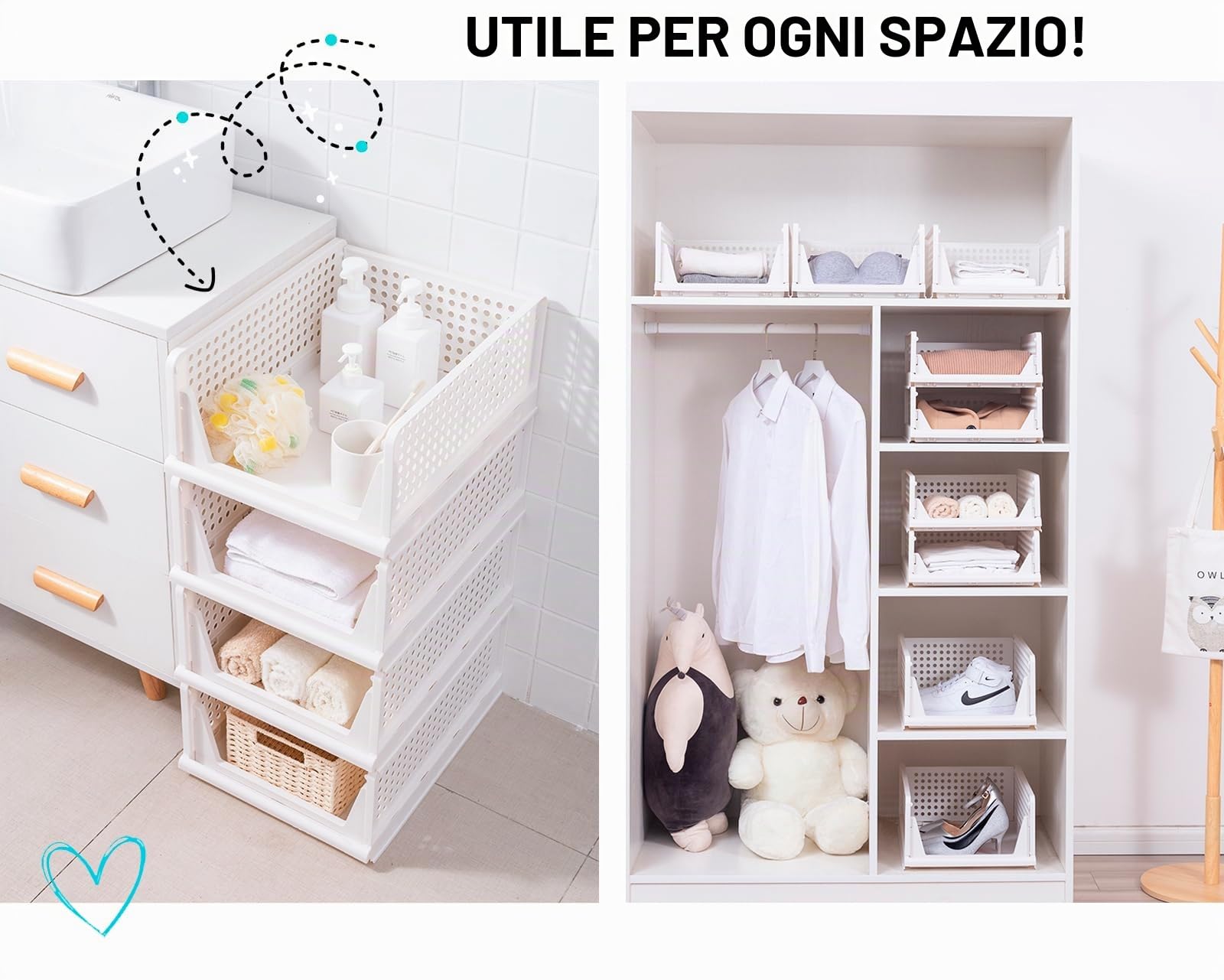Organizzatore per Armadio Impilabile. Confezione da 4 Scatole Porta Abiti. Cassetti Pieghevoli in Plastica. Le Scatole Organizer Risparmiano Spazio. (L (44x34x18,5))