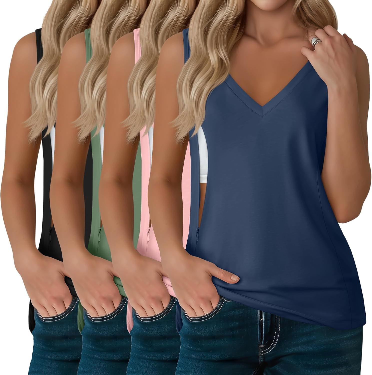 4 Pack Womens Nursing Tank Tops for Breastfeeding with Hidden Zipper V Neck Sleeveless Loose Maternity Shirts
