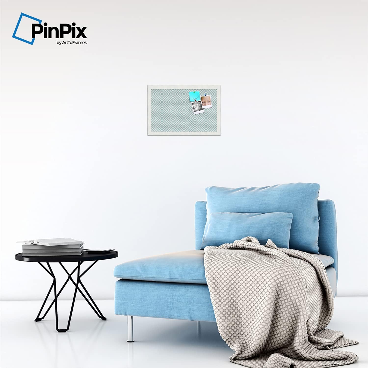 PinPix Custom Printed pin Cork Bulletin Board Made from Canvas, Modern Deco Distressed Aqua 18x12 Inches (Completed Size) and Framed in Satin White Frame (PinPix-Group-73)