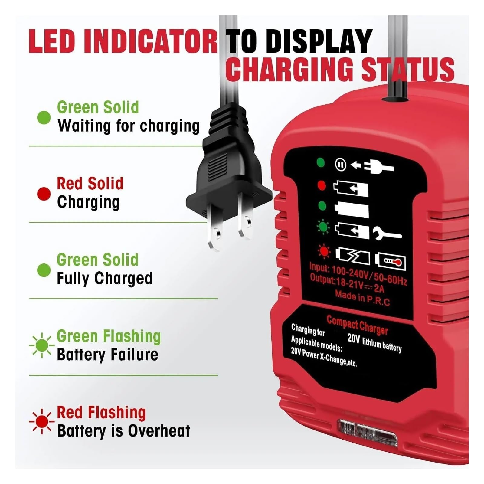 Chargeur de Batterie, Chargeur Portable for Batterie Li-ION 20 V, Station de Charge avec indicateur LED, Mini Chargeur