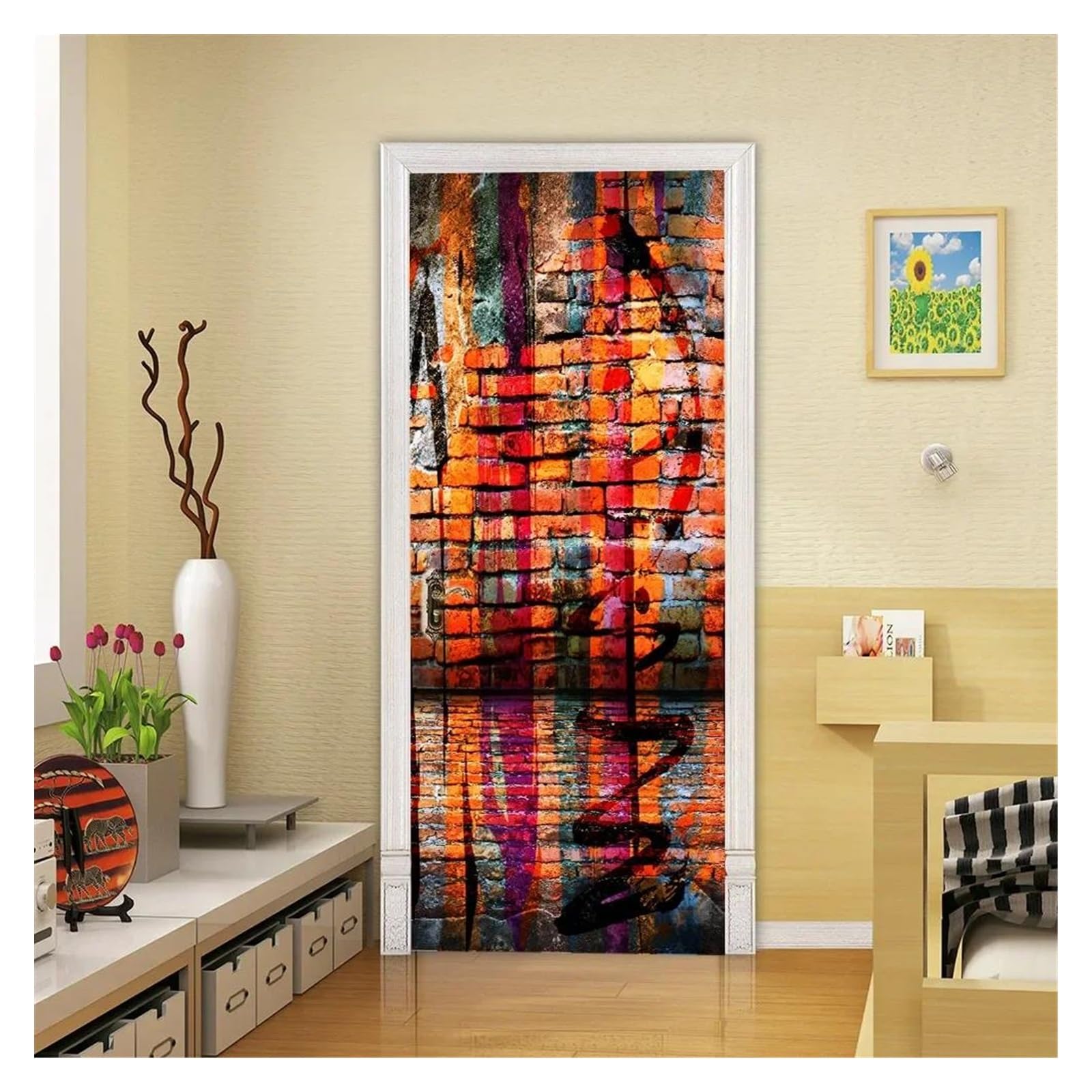 Adesivi per Porte Adesivo Per Porta Di Graffiti A Colori Hip Hop Hippie Art Wallpaper Per I Giovani Porte Murali Della Camera Da Letto Per Ragazzi(N,95x215cm)