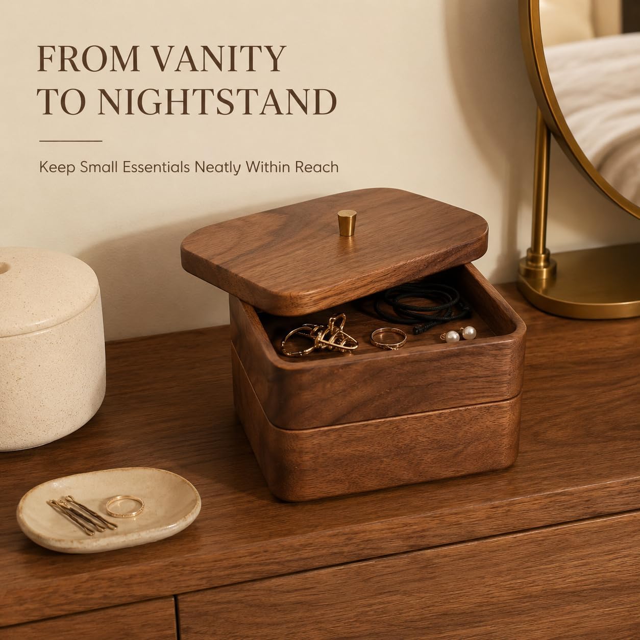 Solid Walnut Cotton Swab Holder, 2-Tier Bathroom Canister with Lid