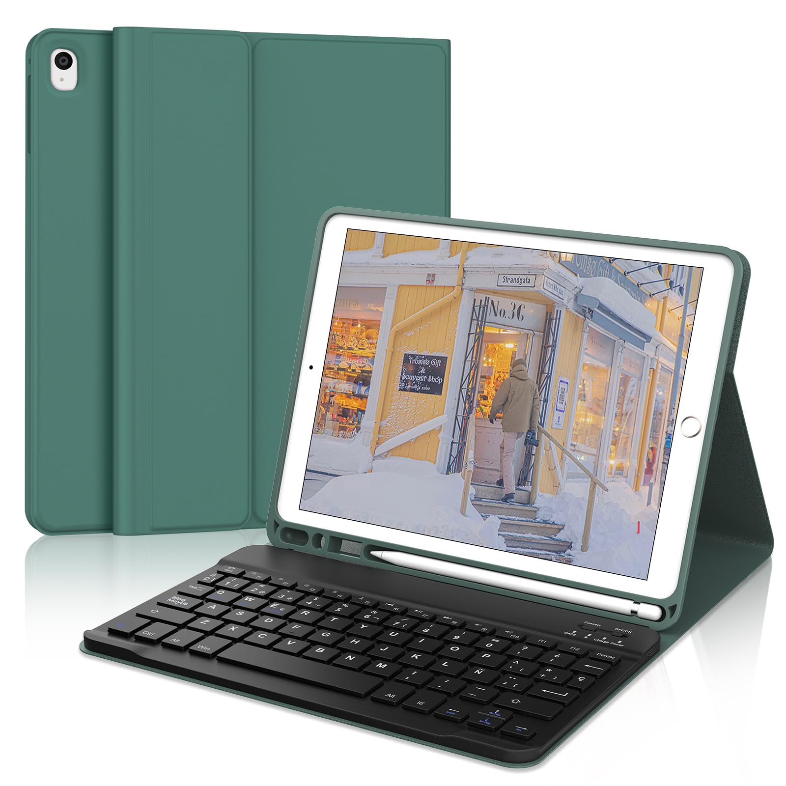 IVEOPPE Teclado iPad 9 Generacion 2021, Funda Teclado Español Ñ Bluetooth Desmontable para iPad 9.ª 2021/8.ª/7.ª 10.2"/Air 3/Pro 10.5, Verde Oscuro