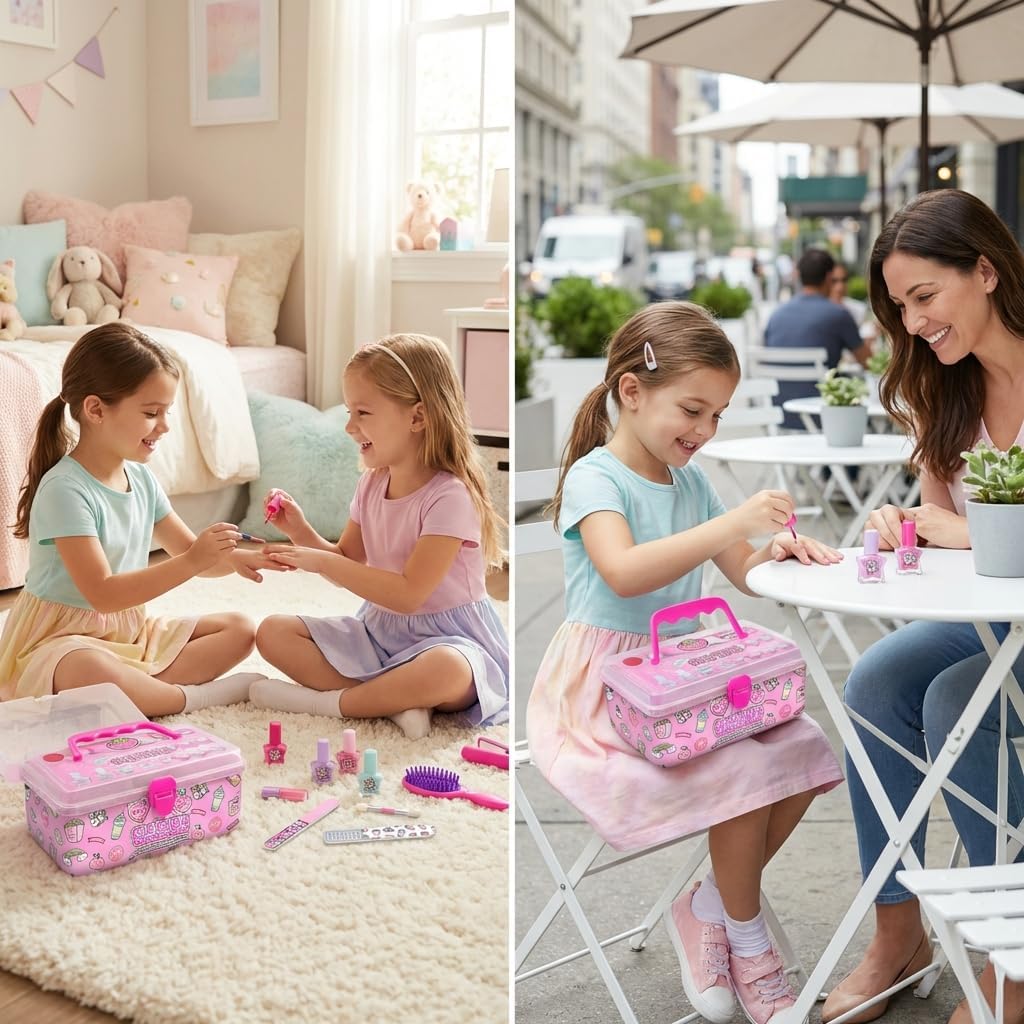 My Beauty Spot Kids Makeup Kit with Caboodle Case for Girls — Safe & Real Washable Makeup Set with Nail Polish, Lip Gloss, Eyeshadow, Nail Gem Sheet, Nail File & Play Hair Tools, Ages 6+ Gifts