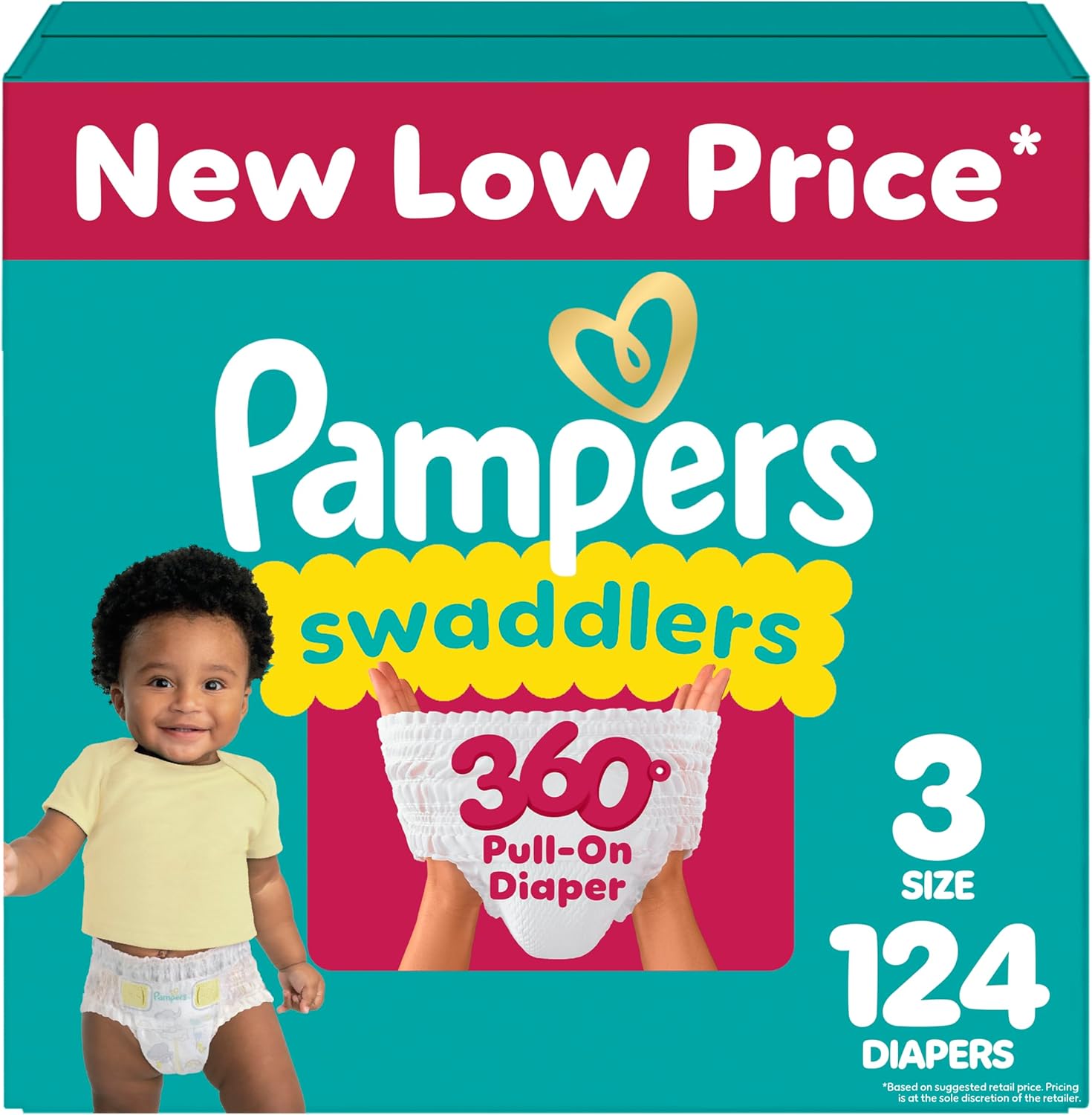 Pampers Diapers - Swaddlers 360° - Size 3, 124 Count, up to 100% Leakproof Comfy Dry Fit, Designed for Easy Changes, Pull On Baby Diaper (Packaging May Vary) Size 3 124