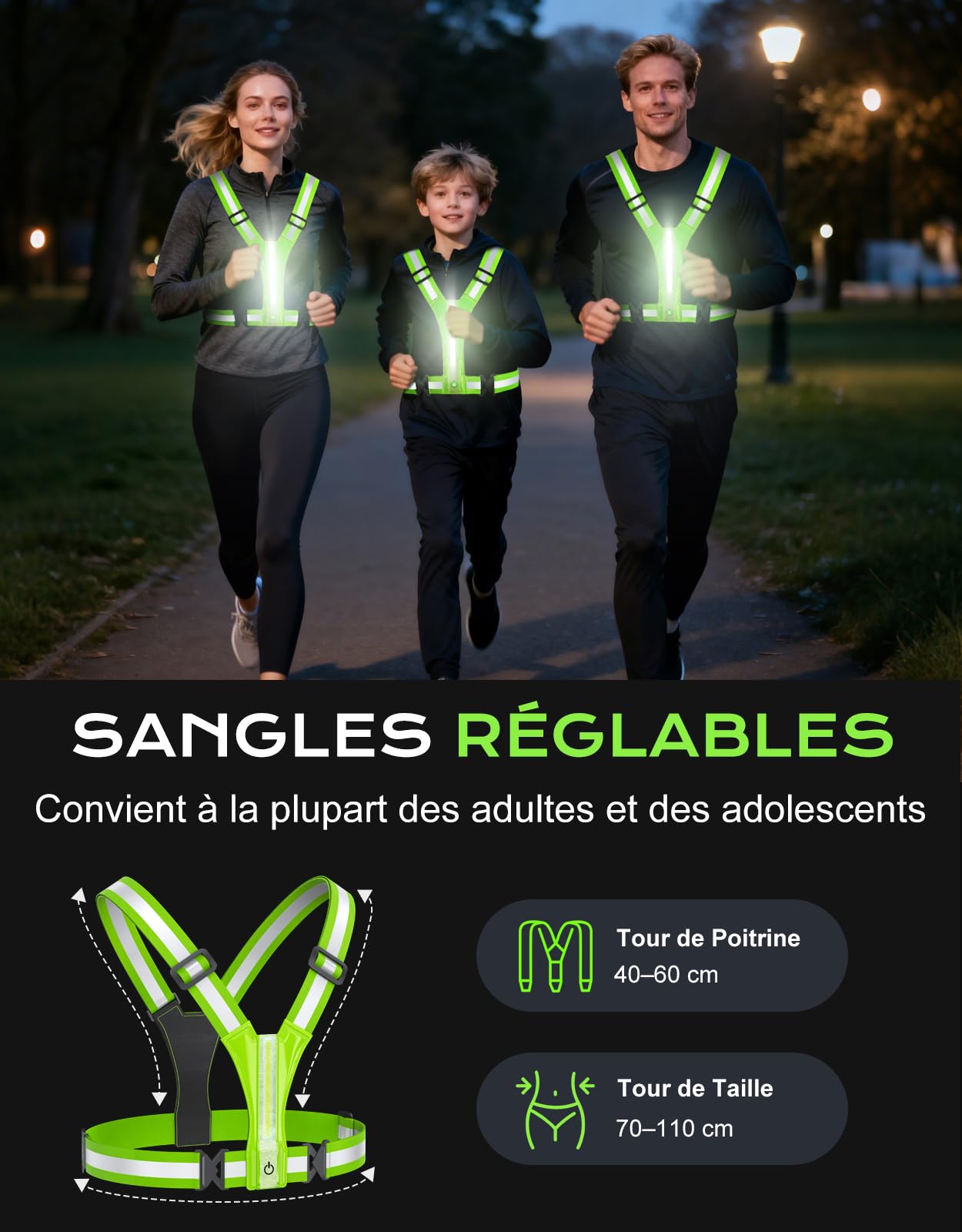 Glangeh Gilet Reflechissant Running Super Lumineux, Lampe Running Pectorale 360°Visible, Alternative au Lampe Frontale, Ajustable Gilet de Sécurité pour Adulte, Course/Cyclisme/Jogging Nocturne