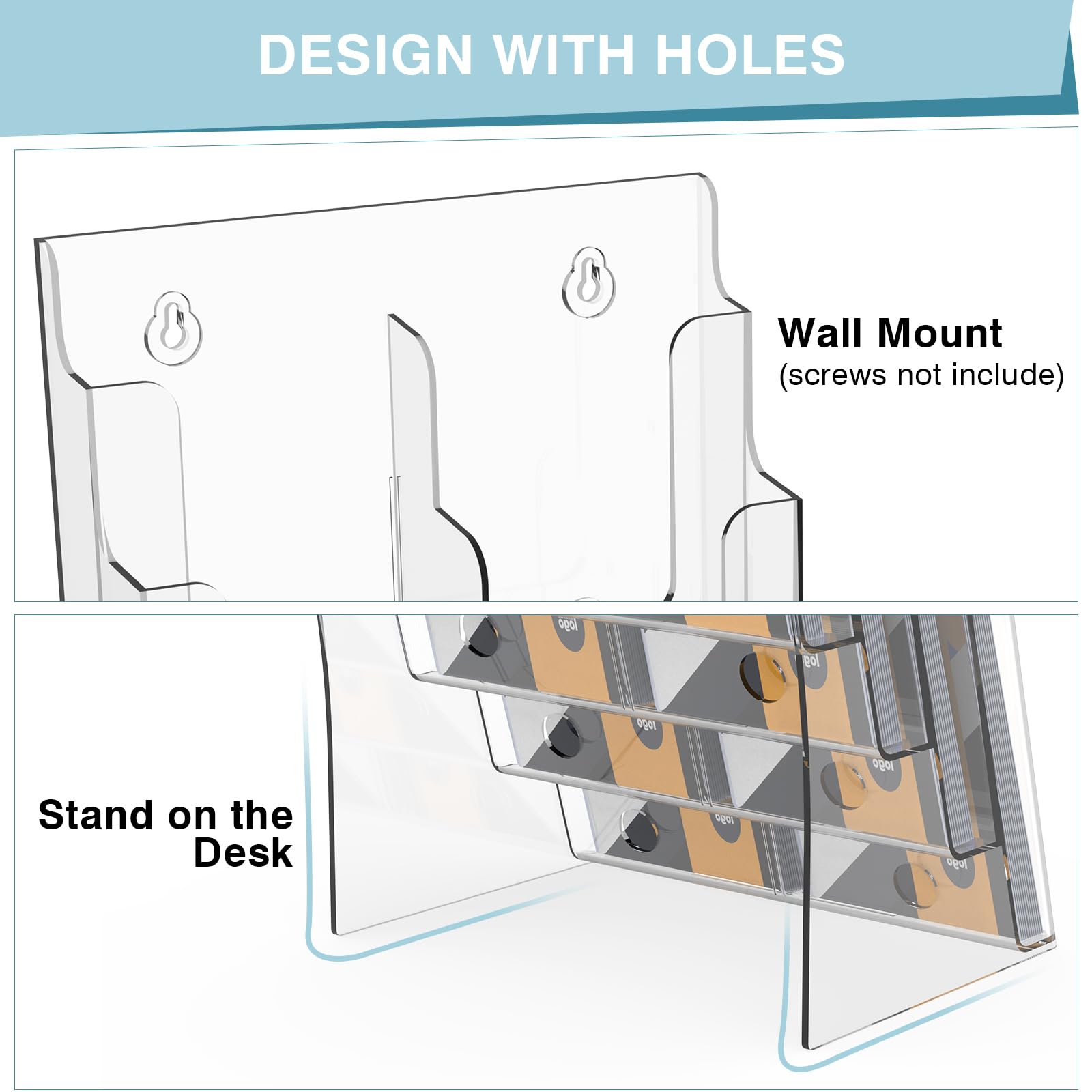 Acrylic Brochure Holder, 4 Tier Brochure Holder 8.5 x 11 Inches, Magazine Holder, Flyer Holder, Literature and Pamphlet Holder, Brochure Display Stand with Removable Divider, Use for 4 x 9 or 8.5 x 11 Inch, Trifold Holder Stand on Desk or Wall Mount(1 Pack)