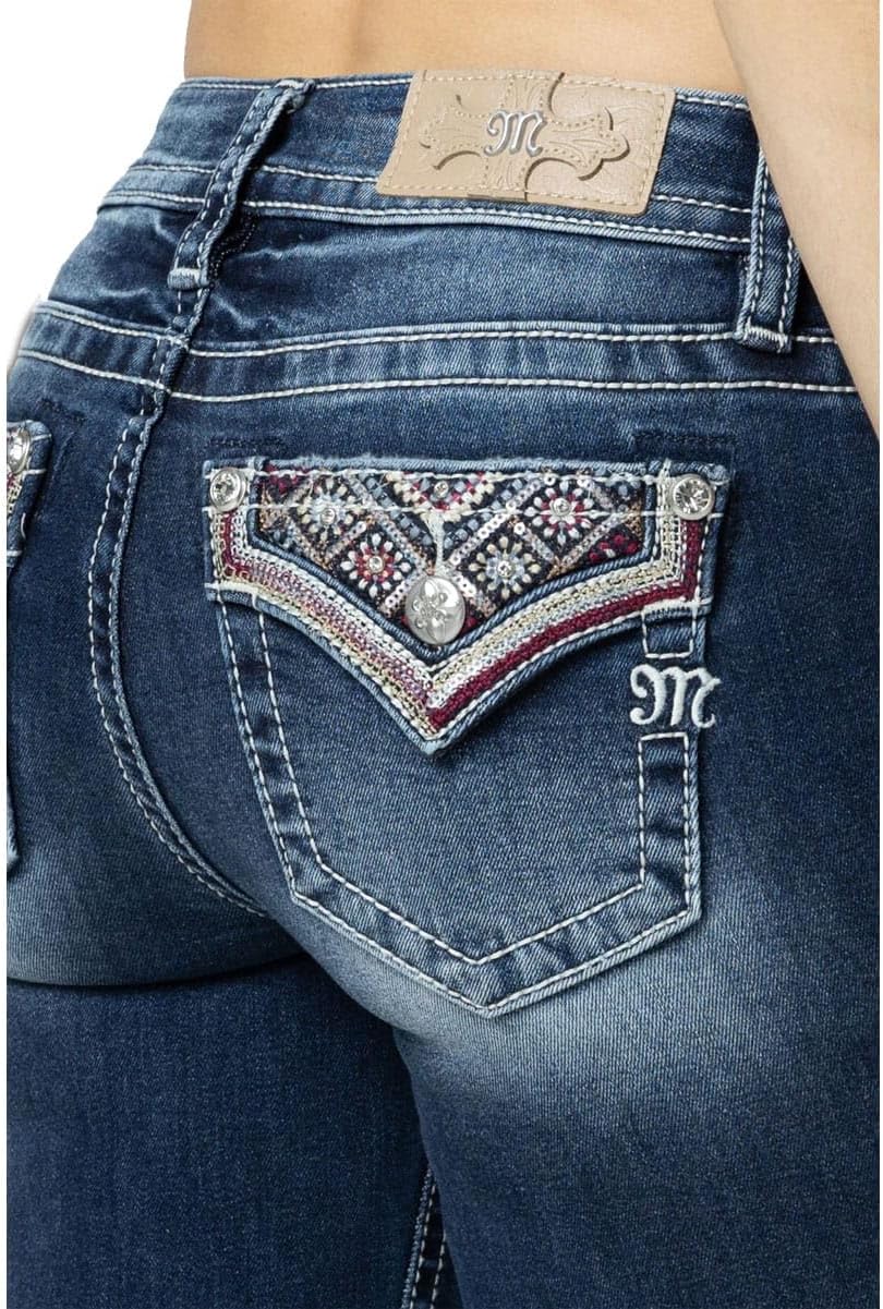 Miss Me Women's Mid-Rise Bohemian Pattern Embellished Bootcut Jeans with Faux Flap Pockets - Image 4