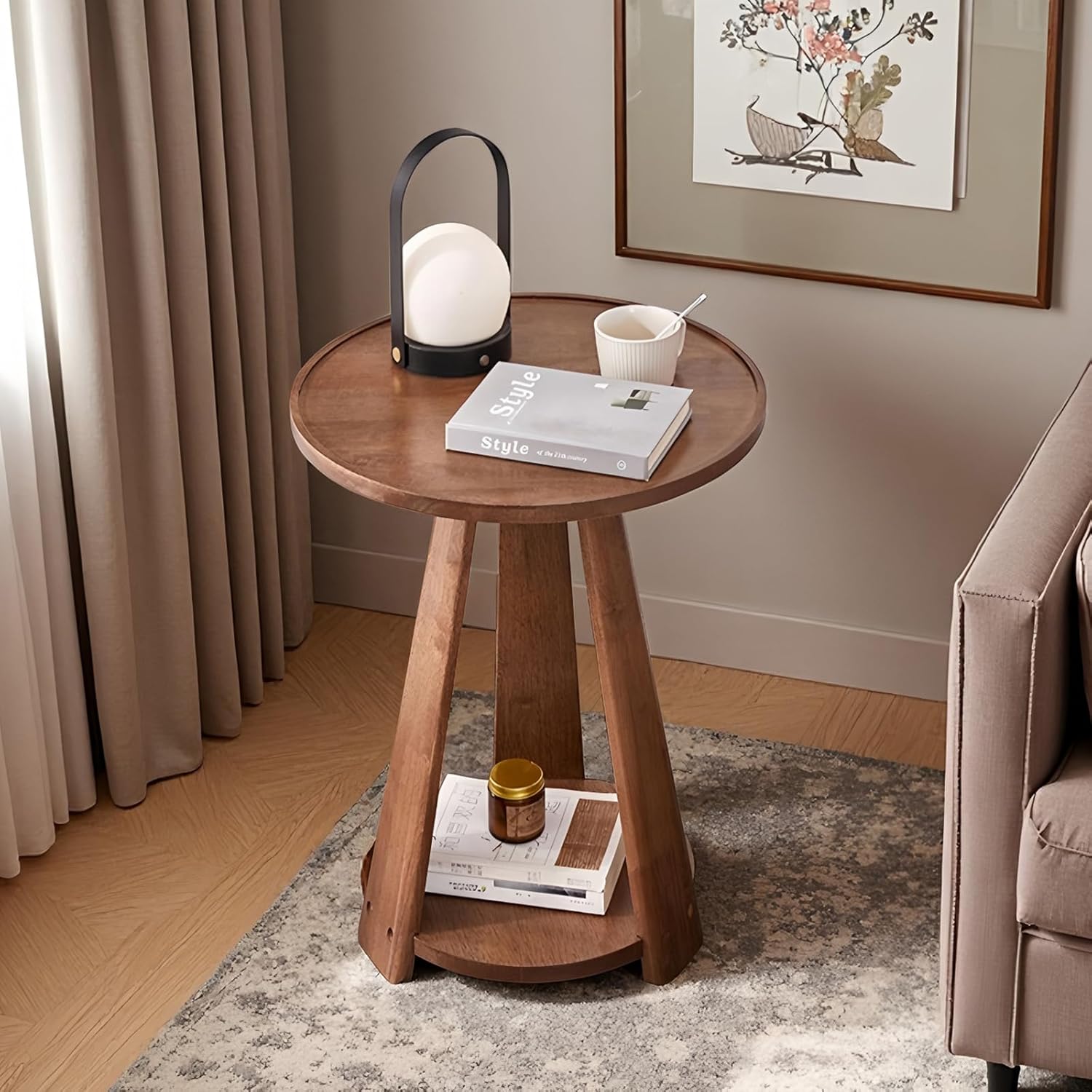 Round End Tables Living Room,Sofa Side Table,Accent End Table,Small Round End Table with Lower Shelf, Nightstand for Small Spaces, Living Room, Bedroom, Corners Walnut Side Table (A,19.7”x 23.6”)