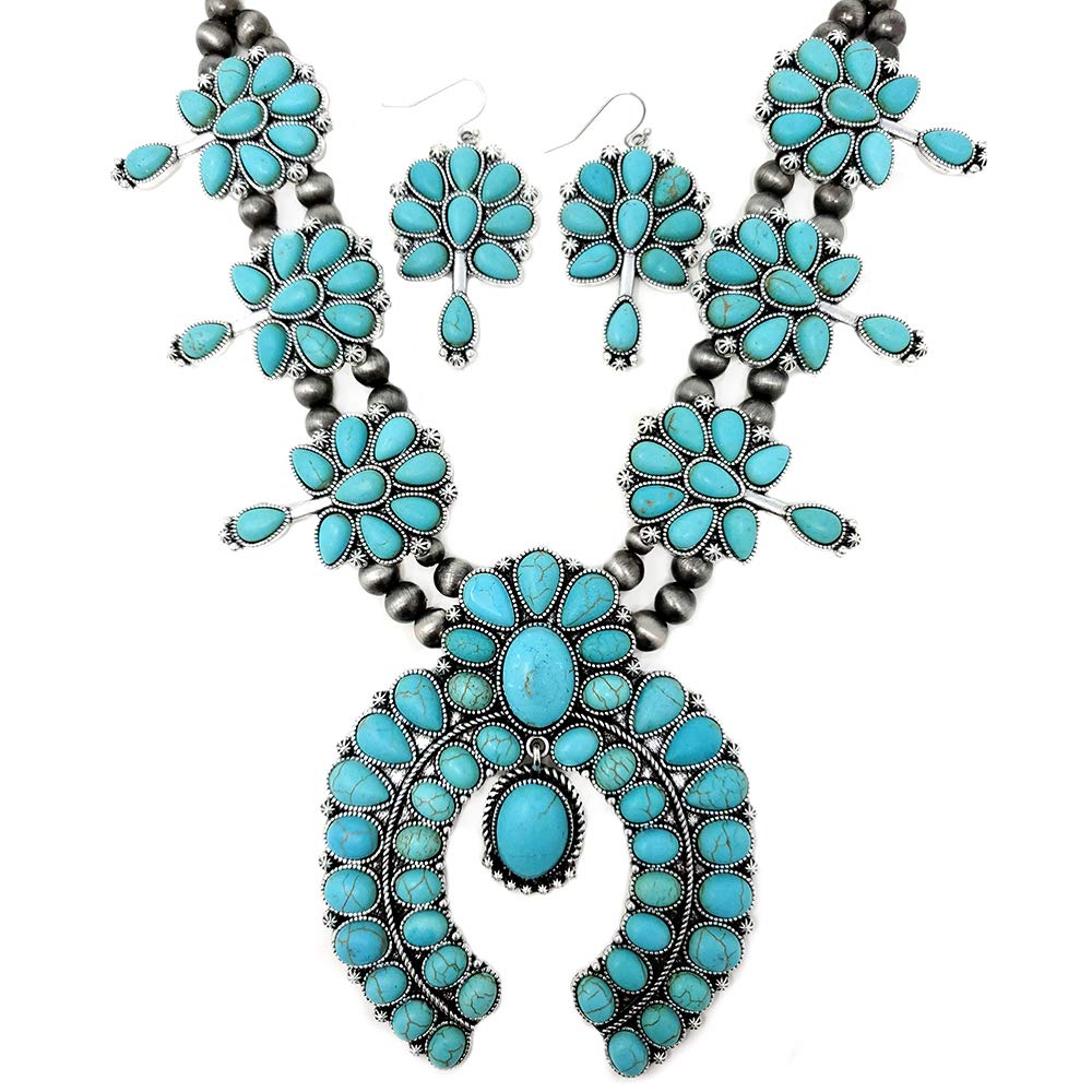 EmulilyChunky Western Squash Blossom Statement Necklace and Earrings Set Navajo Pearl