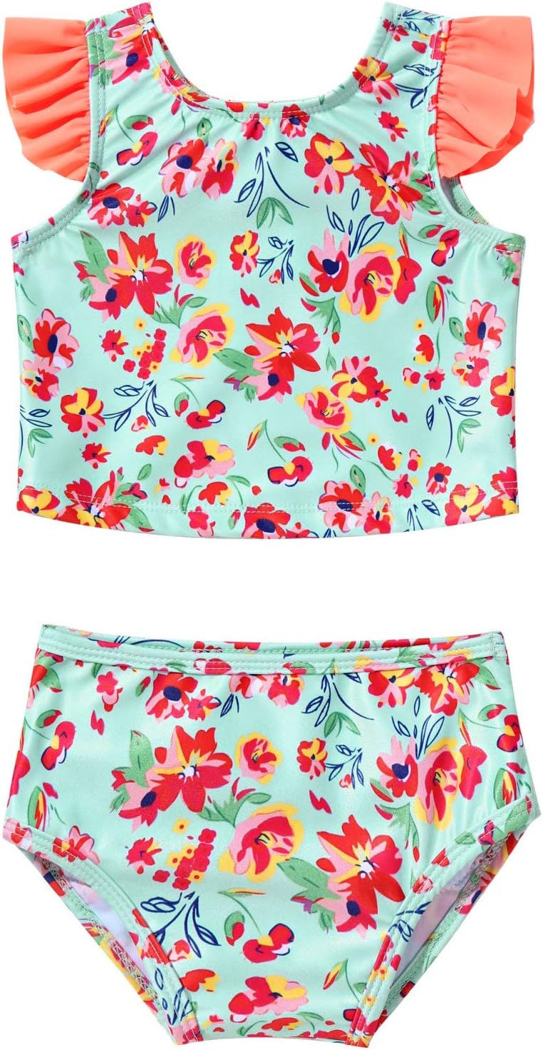 Hansber Infant Baby Girls Floral Print Swimsuit 2 Pcs Ruffles V-Back Shirt with Bottoms Swimwear