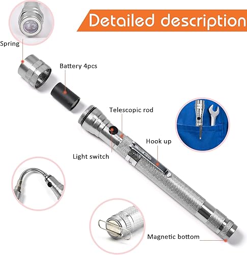 Miniatura 11 de Herramienta de recolección de linterna magnética, regalos para papá, accesorios telescópicos con LED regalos para hombres, esposo, él, rojo