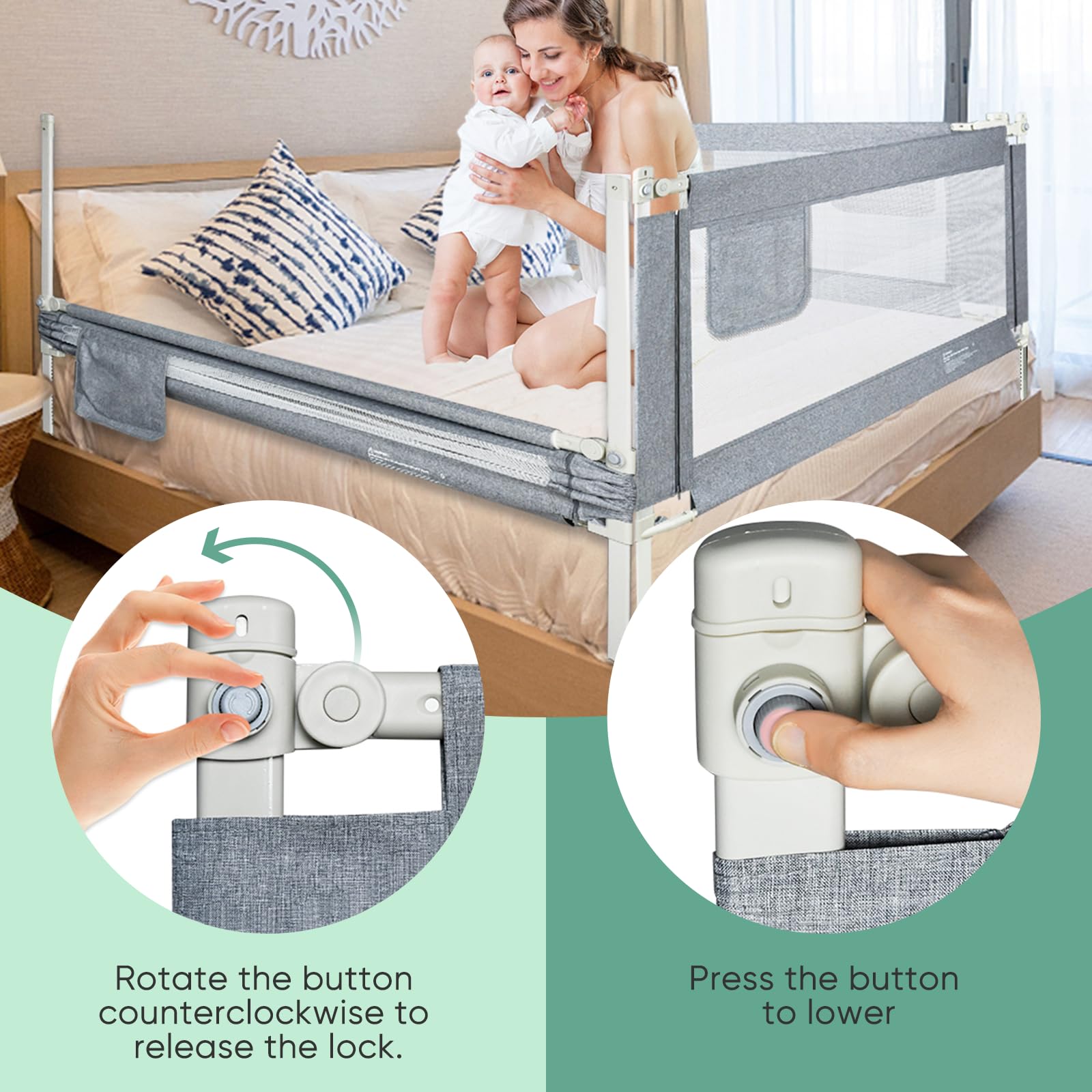 Sponda Letto Bambini 100 Cm Protezione Anticaduta - Altezza Regolabile 40-60 Cm, Fai Da Te Deformabile In Lino Grigio