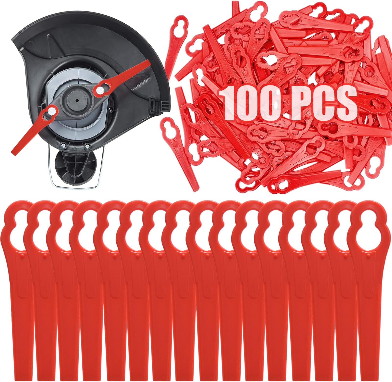 Beamely 100 Pcs Grass Trimmer Replacement Blades, 83 mm Plastic Garden Mower Blades Cordless Lawn Mower Cutting Blades Lawn Strimmer Accessories Tool for Swift Ryobi VonHaus Grass Strimmer-Red