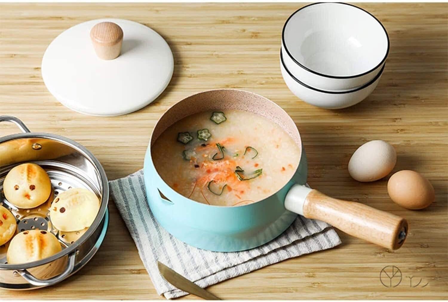 Milk Warmer Pan 1.5L Blue Small Milk Pan with Stainless Steel Steamer Maifan Stone Non-Stick Pan with Wooden Handle