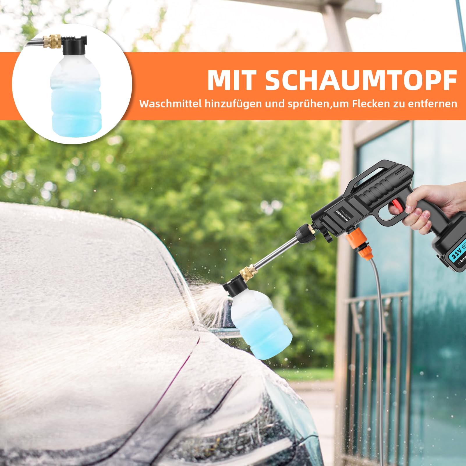 Hidrolimpiadora inalámbrica,62 Bares limpiadora de Alta presión de 21 V con 2 baterías,Boquilla multifunción 6 en 1,Manguera de 5 m, depósito de Filtro,para Coches,céspedes,Piscinas,Ventanas,Jardines