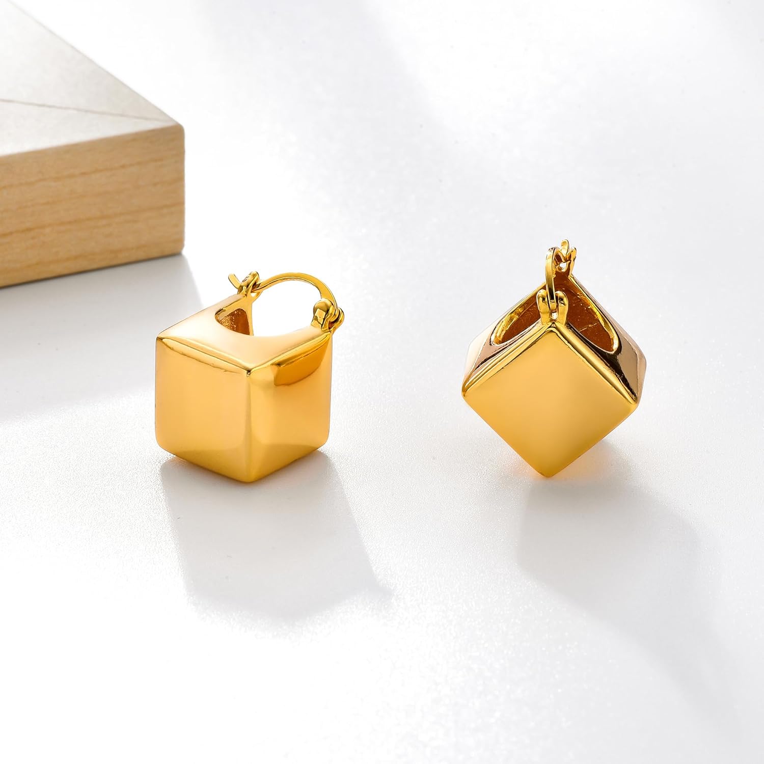 Brushed Finish Square Earrings 14K Gold Plated Brushed Geometric Copper Drop Dangle Earrings For Women - Image 5