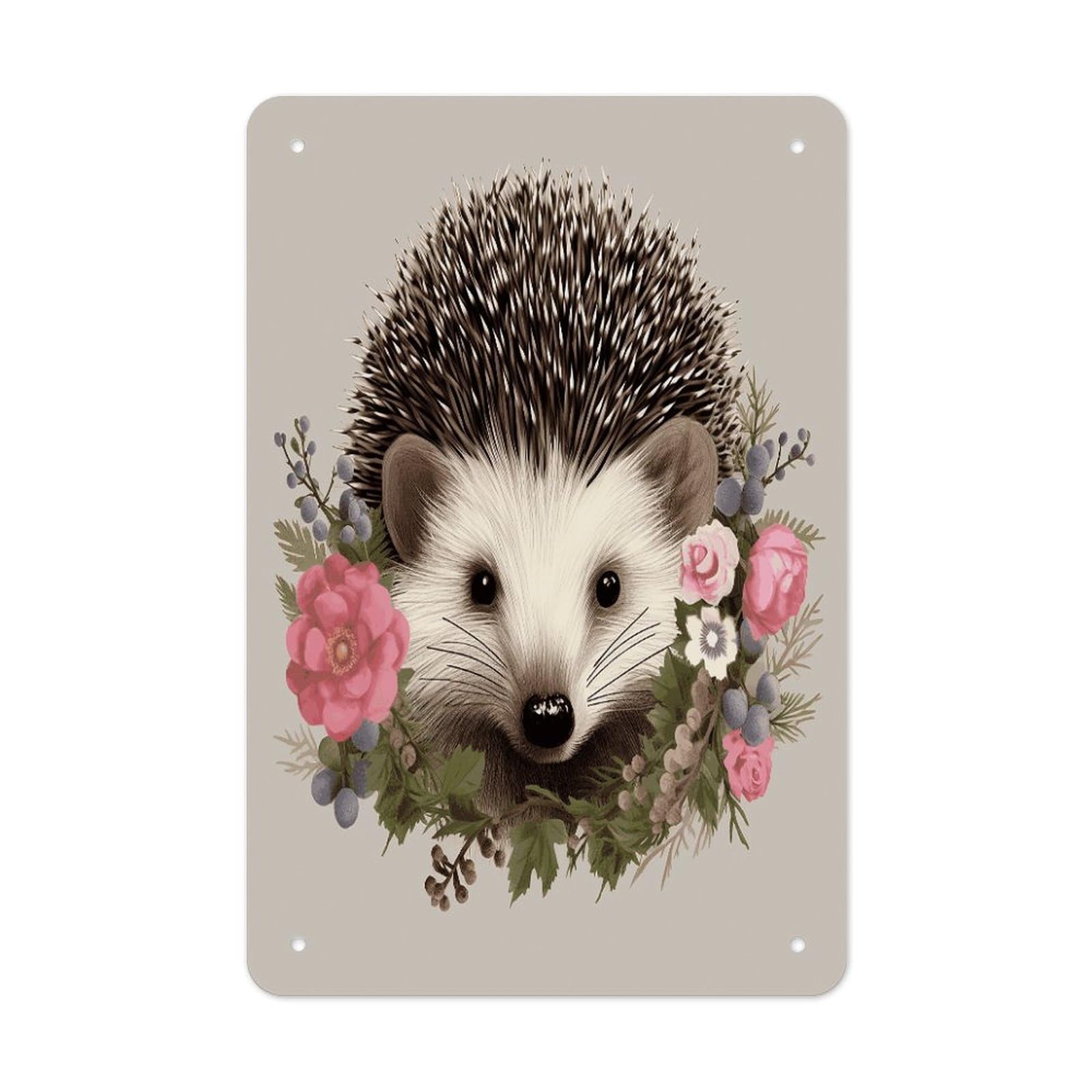 Btcowzrv Style Hedgehog In Floral Wreath Metal Tin Sign Wall Decor Hanging Plaque