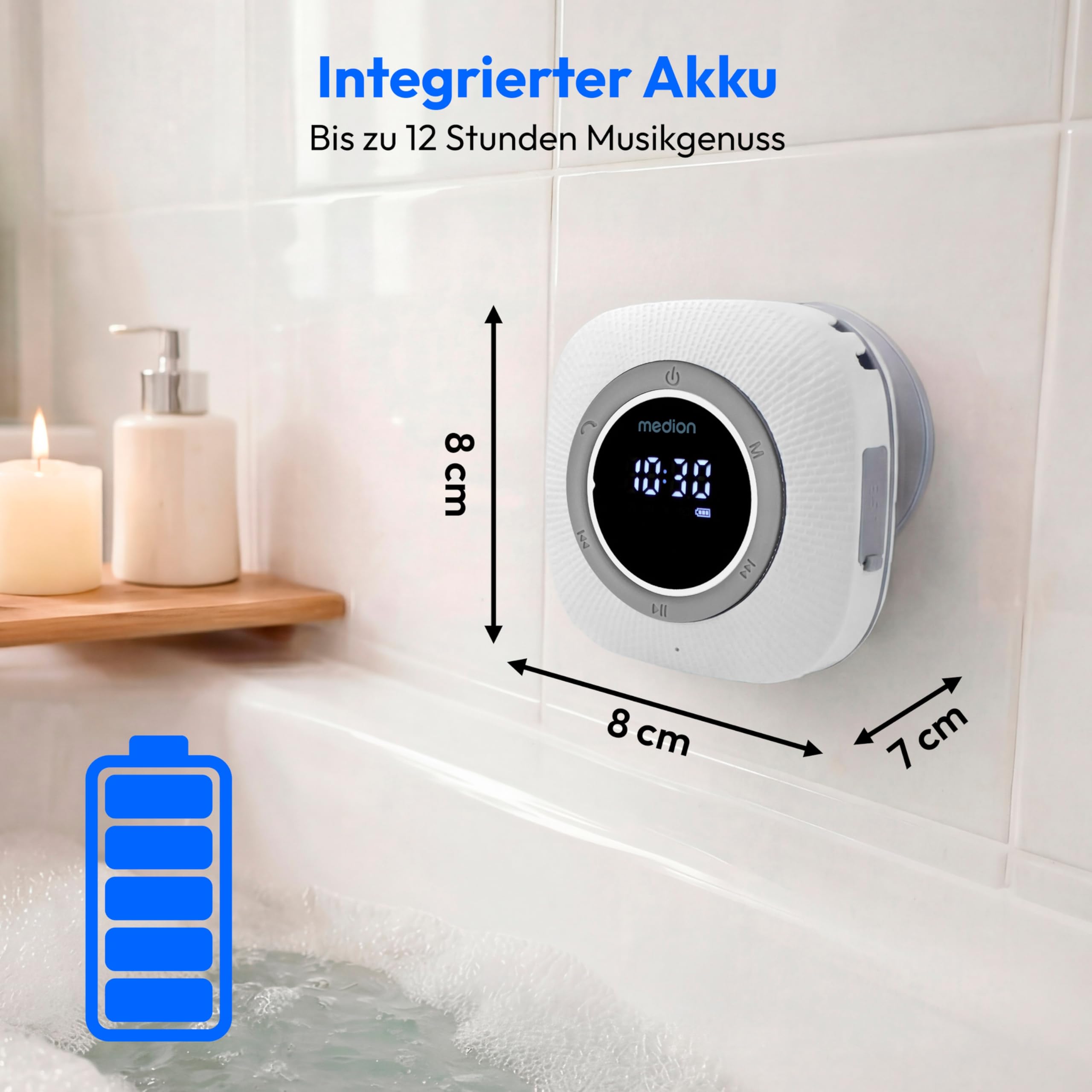MEDION S66884 Duschradio mit Bluetooth (Badradio, UKW Radio, Saugnapf, LED-Display, IPX6 Wasserdicht, integrierter Akku, MD43884) weiß