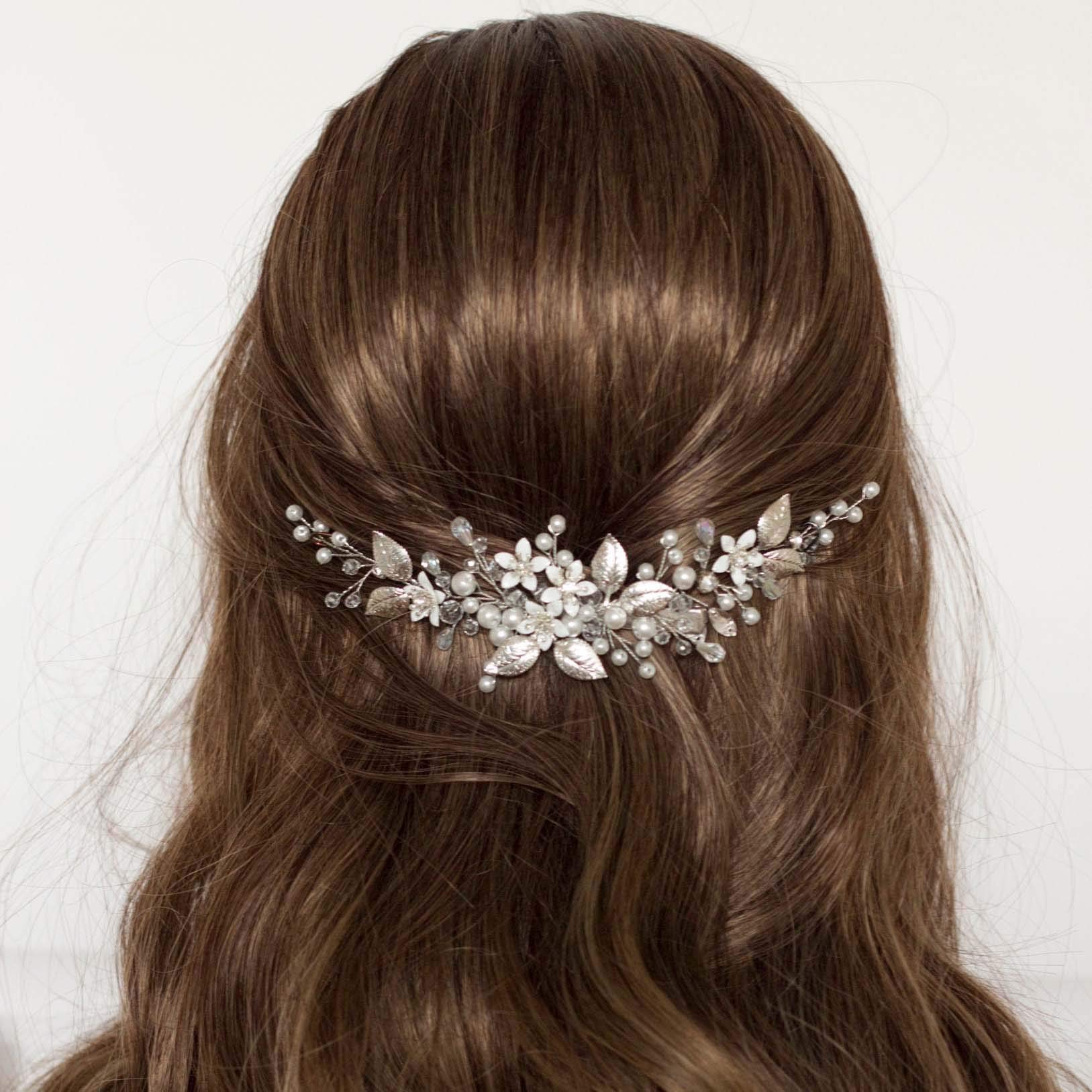 Ushiny Diadema de novia con perlas y hojas plateadas, accesorios para el cabello para mujeres y niñas