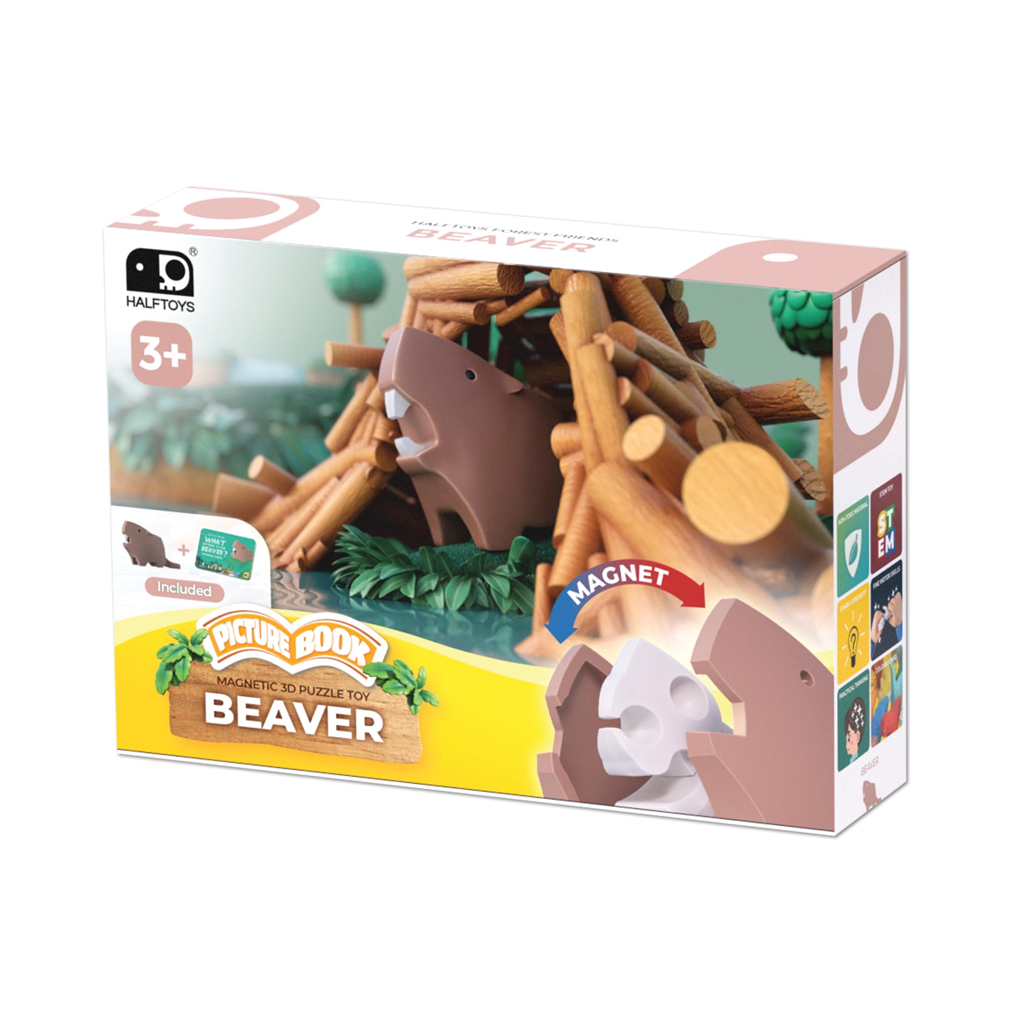 Halftoys Picture Book | Illustrated Story & Magnetic 3D Puzzle Toy | Multi-Sensory Learning | Safe, Durable & Washable | Perfect for Little Hands (Beaver)