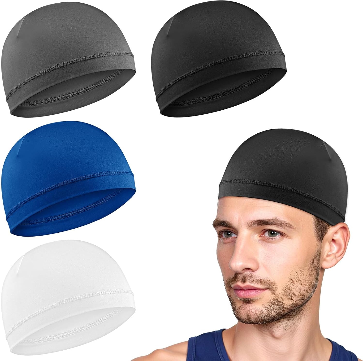 Qianyu 4pcs Skull Caps Breathable Thin Sleep Hats Running Beanie Helmet Liner Stretchy Sweat Wicking Headwear