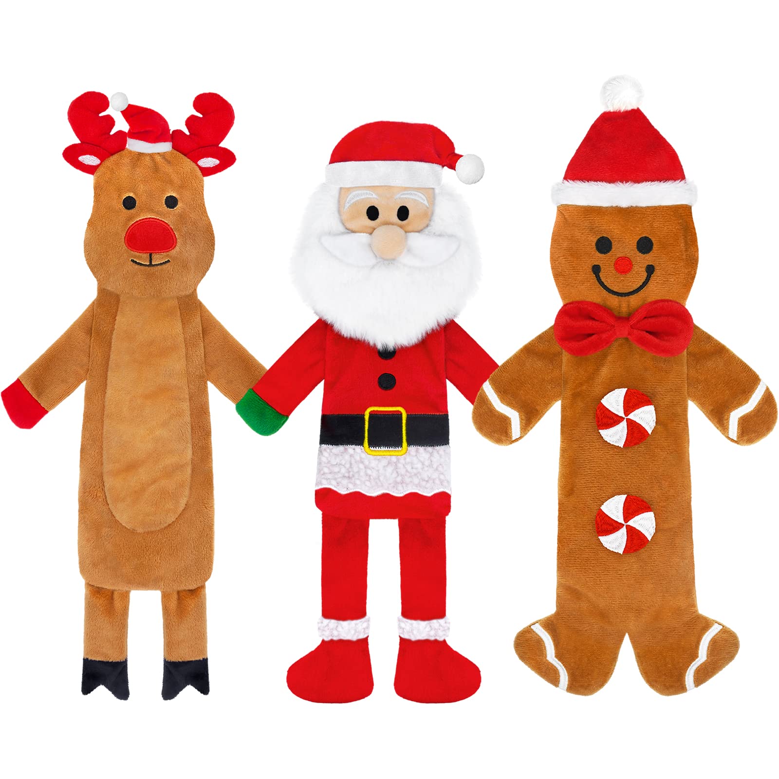 3 Pack Christmas Squeaky Dog Toys, Plush No Stuffing Toy for Dog Puppy, Durable Chew Bite Toys for Small Medium Large Dogs, Interactive Xmas Reindeer, Santa Claus, Gingerbread Man for Chewers