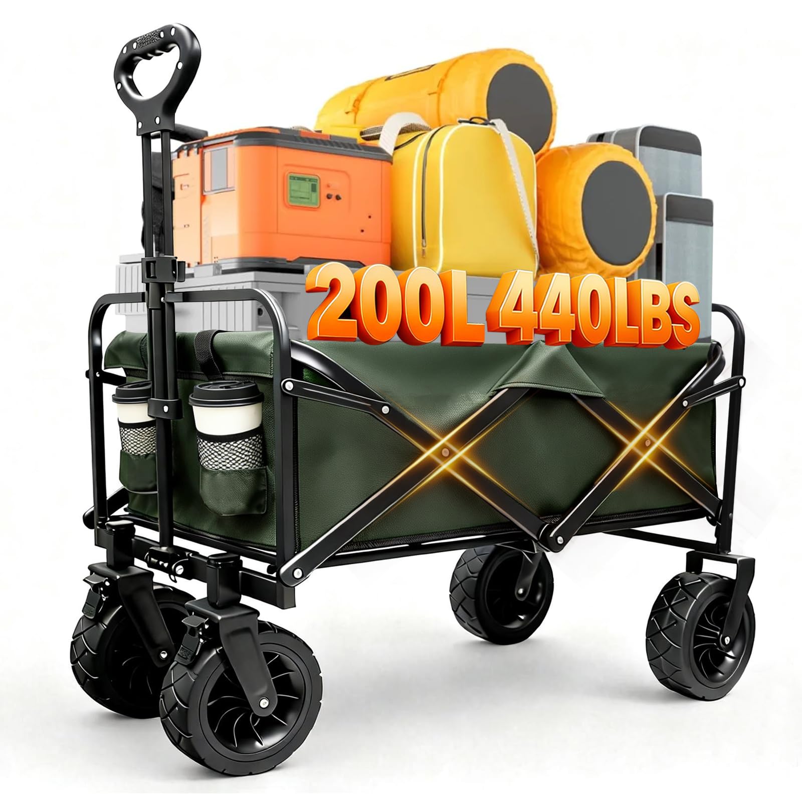 Sanycasa 200L 200KG Festival Trolley Camping Shopping Beach Wagon Trolley Off-road Beach adapted Stroller with Brakes robust adjustable Handle with transport bag, green
