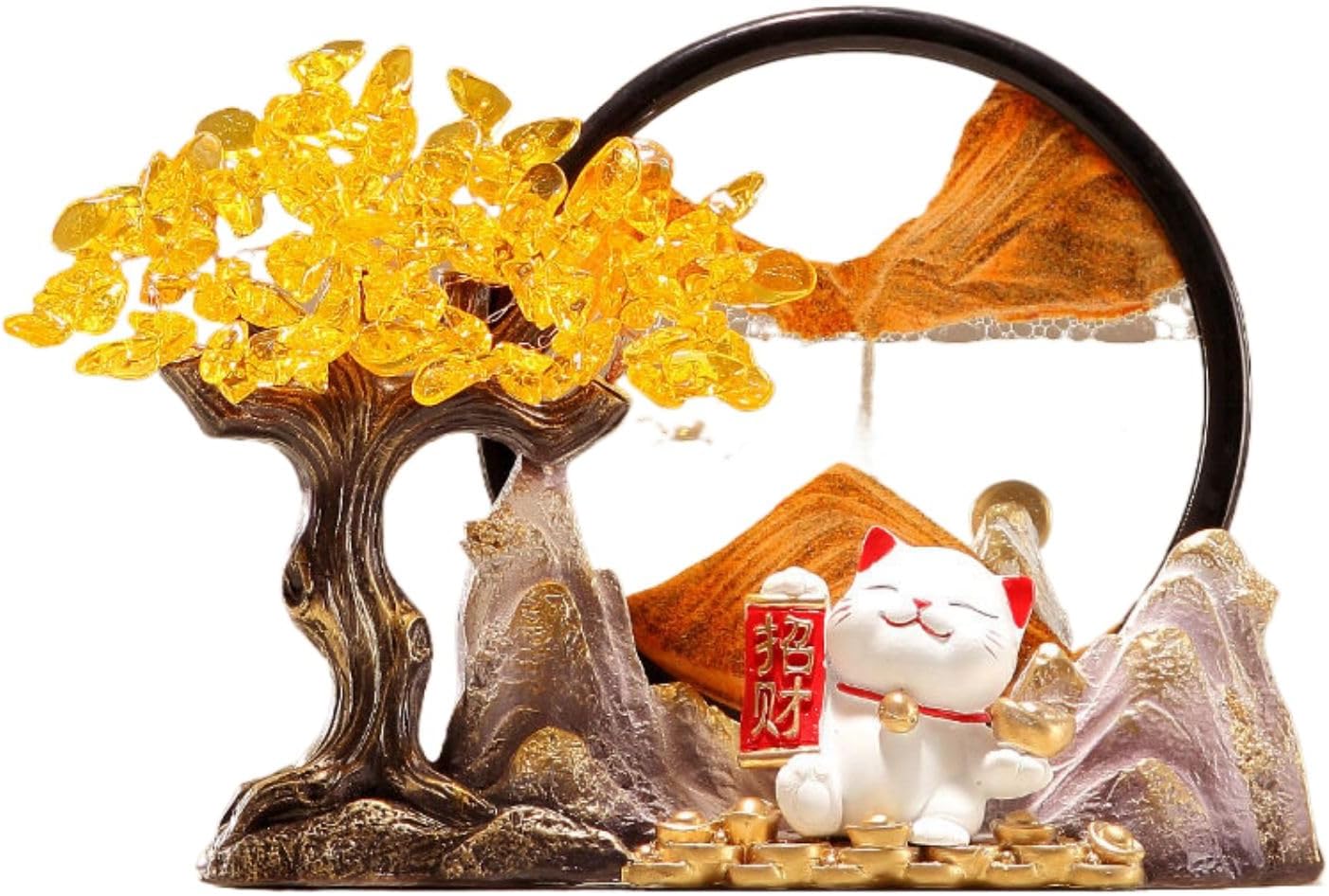 发财树招财猫创意摆件 Feng Shui Figurine Home Office Decor Chinese Gifts 客厅酒柜装饰品流沙招财树脂工艺品 8206