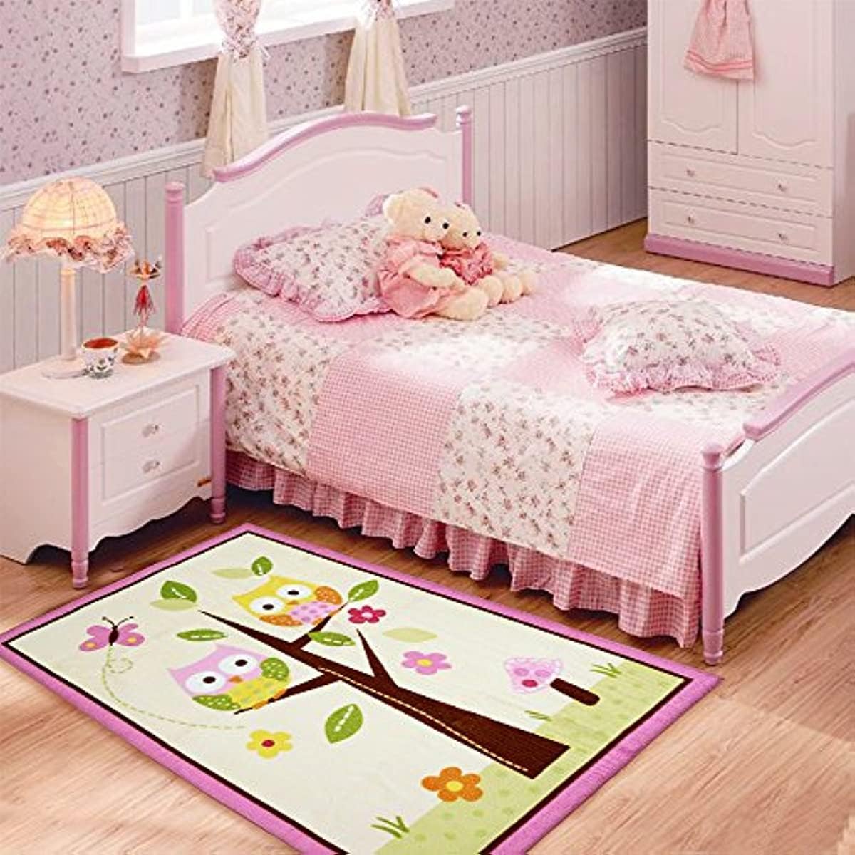 Unique Cartoon Owl Carpet,Designer Pink Fairy Girls Rug for Living Room,Delicate Butterfly Kids Rug