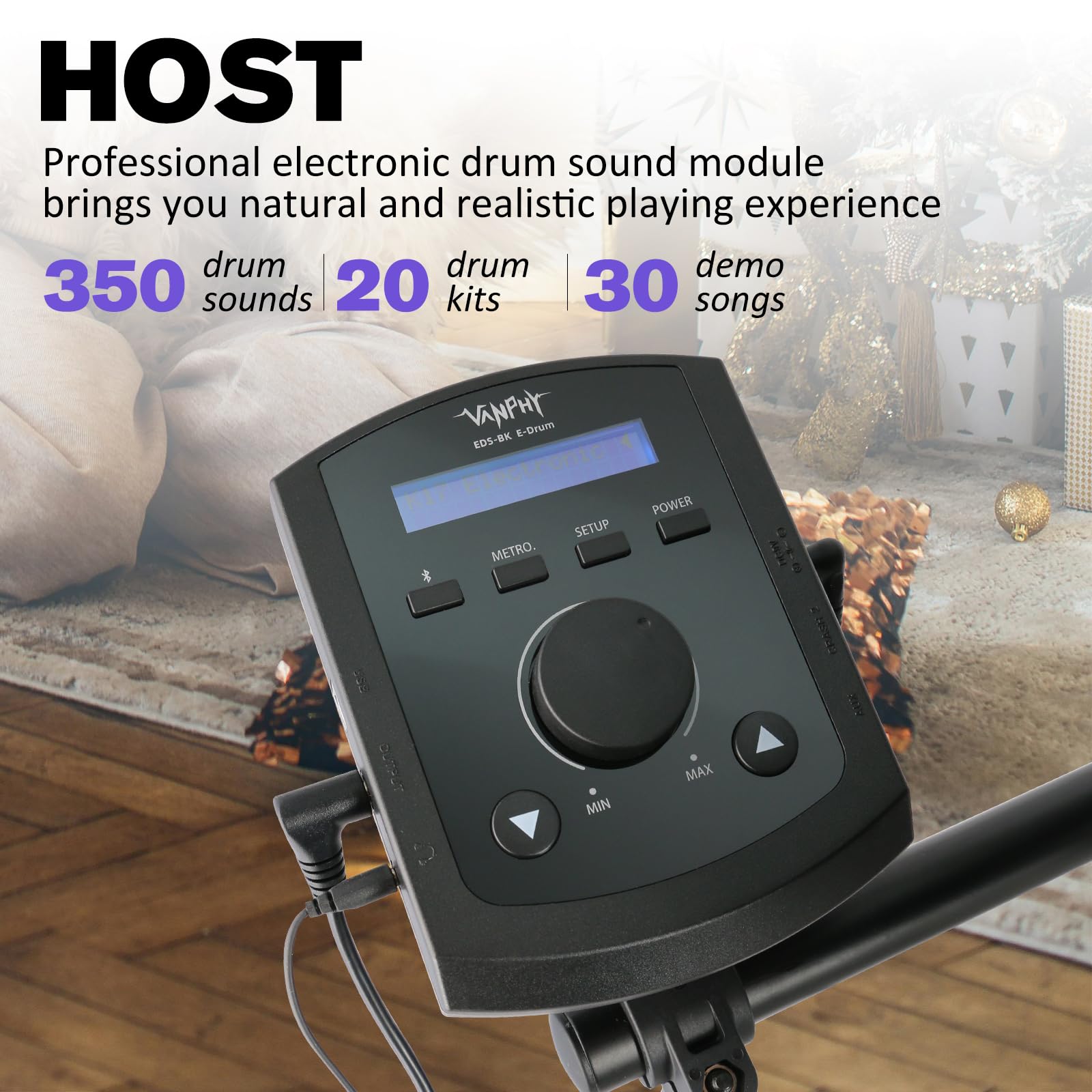 VANPHY Electric Drum Set Electronic Drum Set for Beginner Electric Drums with Quiet Silicone Pads 20 Drum Set 350 Sounds 2 Pedals Bluetooth Sticks Drum Stool Headphone 6.35mm Audio Cable?Black?