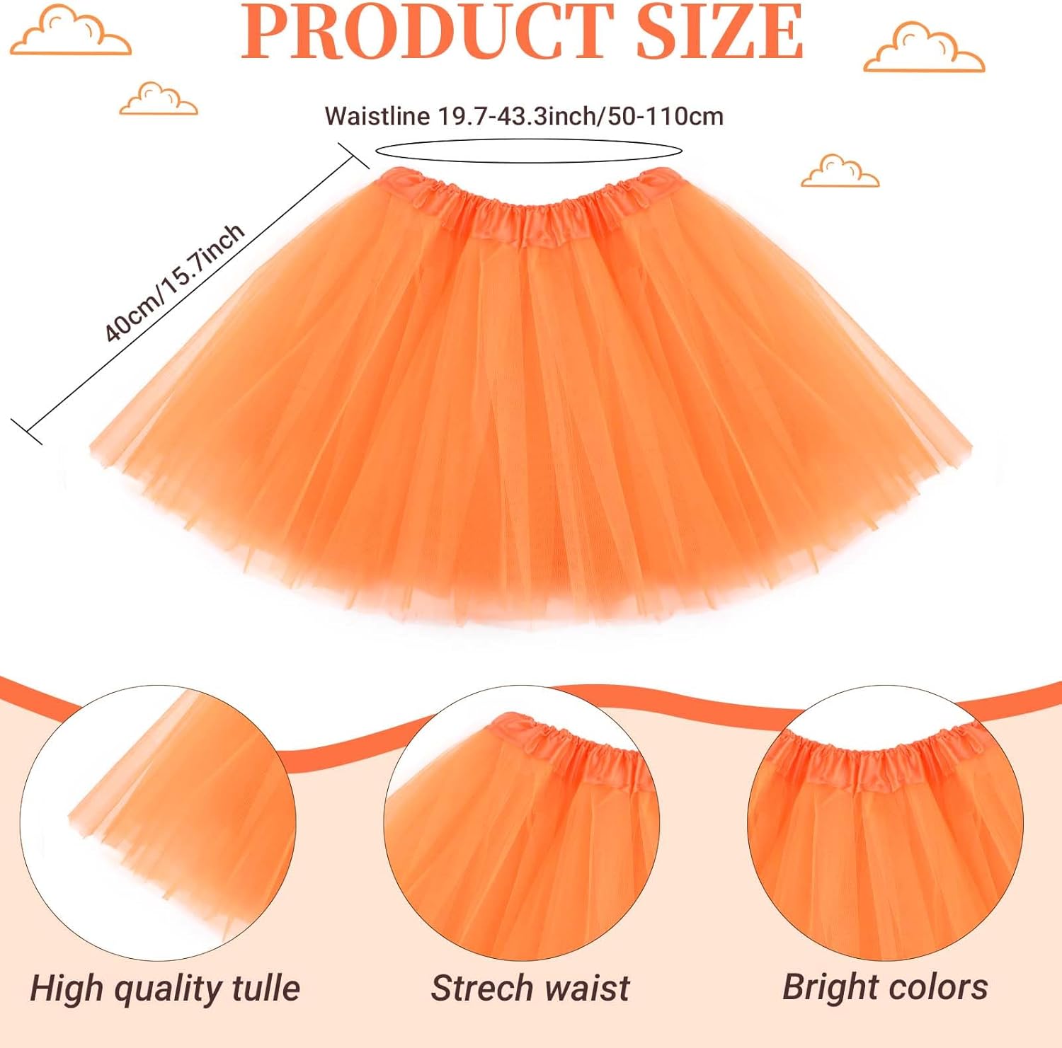Orange Tutu Skirt Hairpin and Yellow Self Adhesive Mustache Eyebrows Set for Halloween Party Dress Up Supplies - Image 2