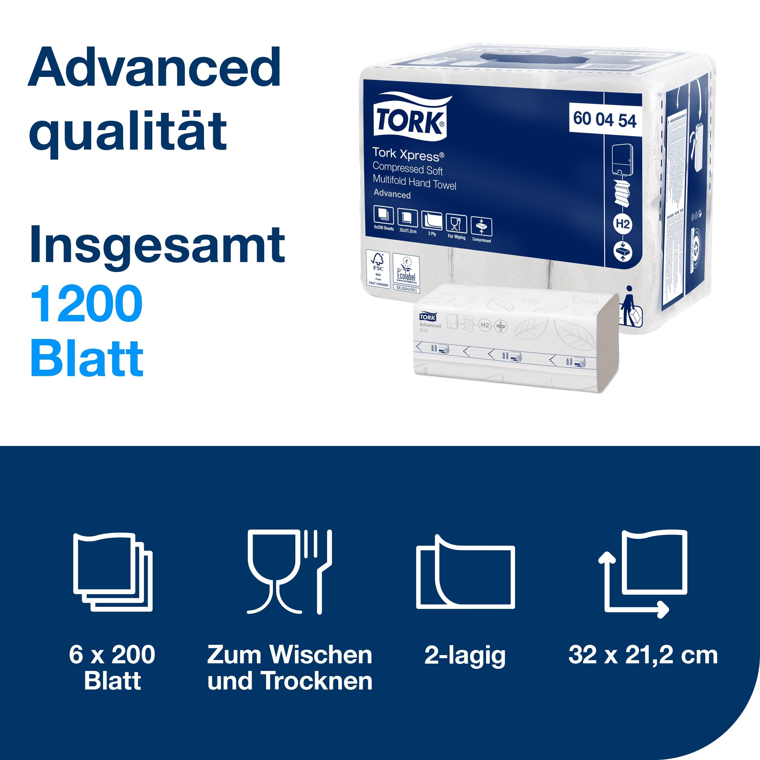 Tork Xpress komprimierte weiche Multifold-Papierhandtücher Weiß H2, Advanced, 2‑lagig, M‑Falz, saugfähig, 6 × 200 Tücher, 600454