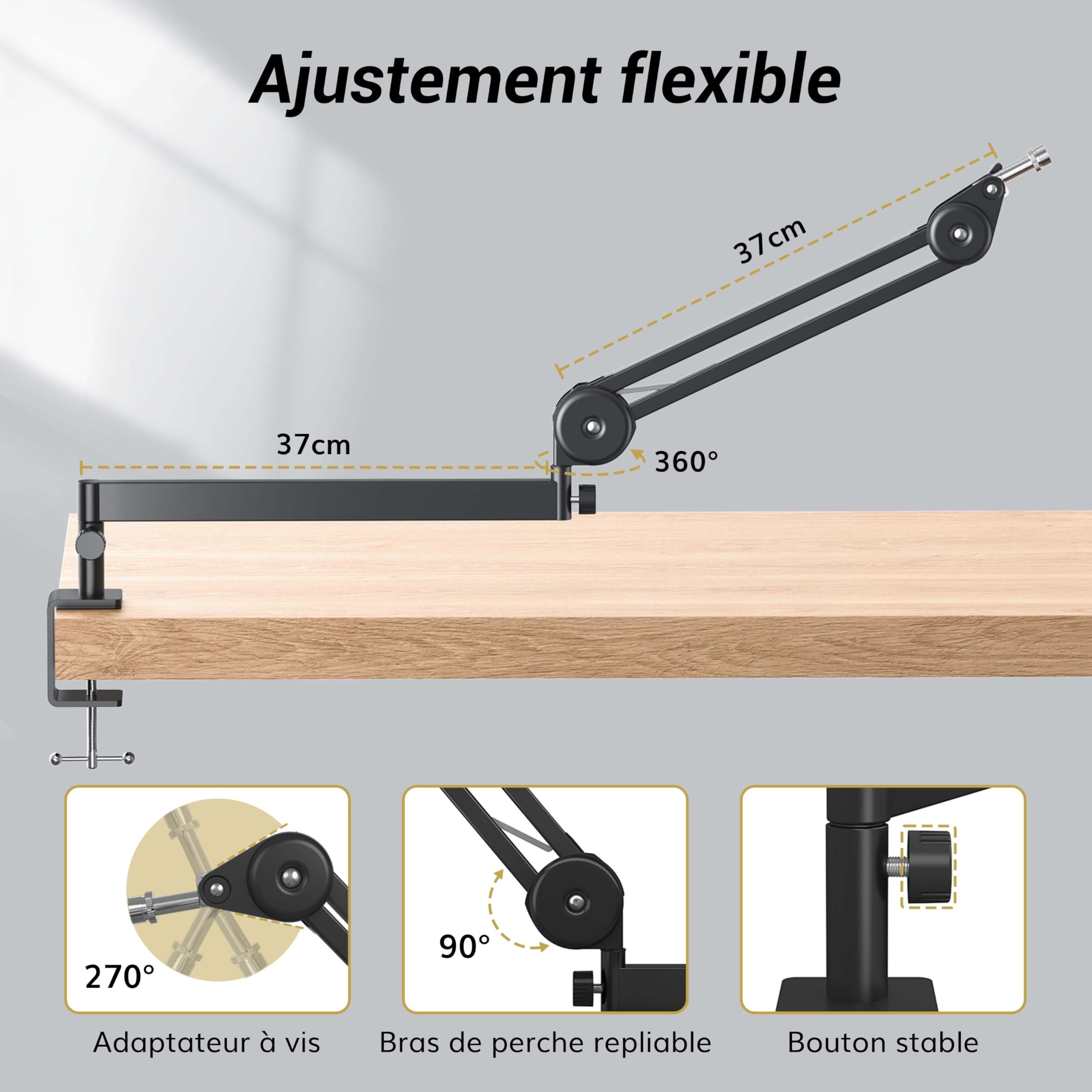 TONOR Bras de micro à Profil Bas, Support de Micro Entièrement Réglable avec Pince de Fixation, Adaptateur de Vis, Gestion des Cables, pour Streaming/Jeux/Podcasts, 37 cm +37 cm, T40LP, Noir
