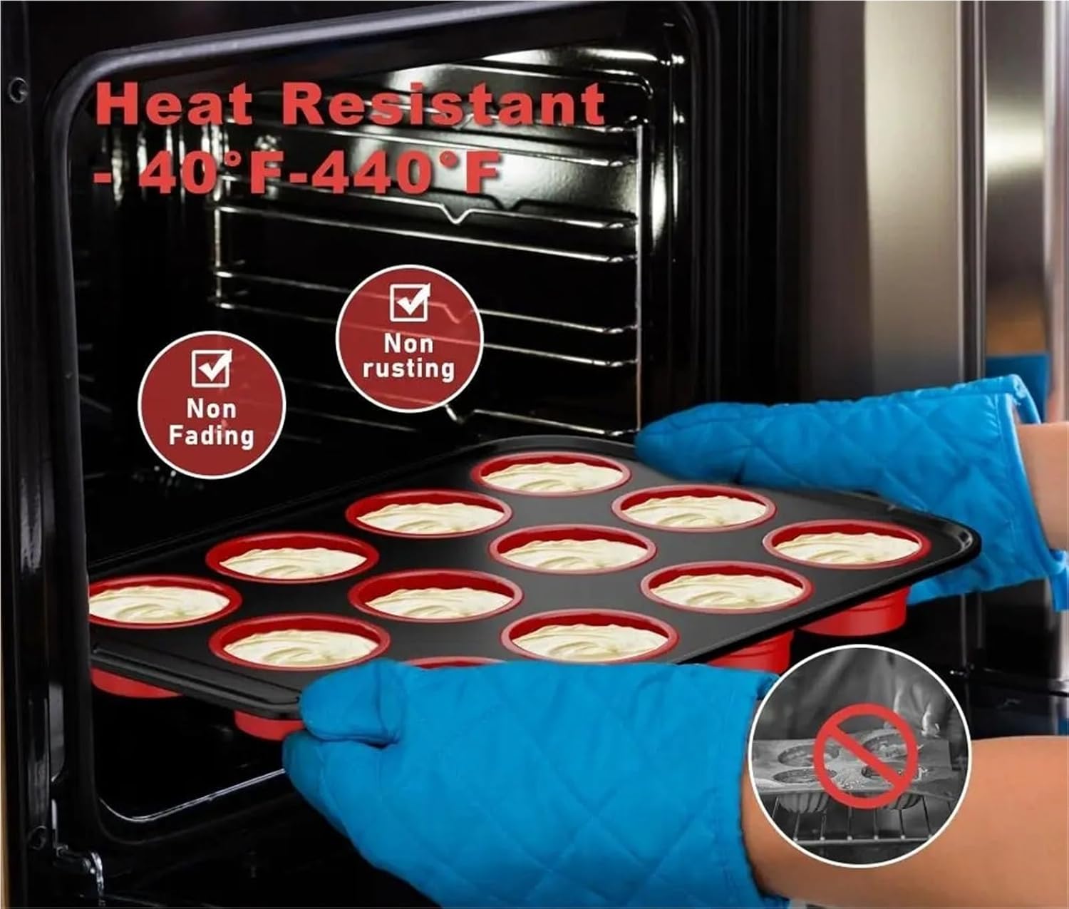 BPA-Free Silicone Muffin Pan with Foldable Metal Frame, Non-Stick Cupcake Baking Mold Tin(12 cups Red)