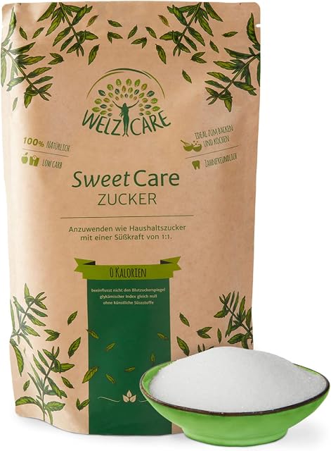 SweetCare Premium cukier kryształowy, 1 kg, zamiennik cukru, 100% wegański, bez kalorii, niski poziom węglowodanów, z erytrytolem i stewią, wyprodukowano w Niemczech