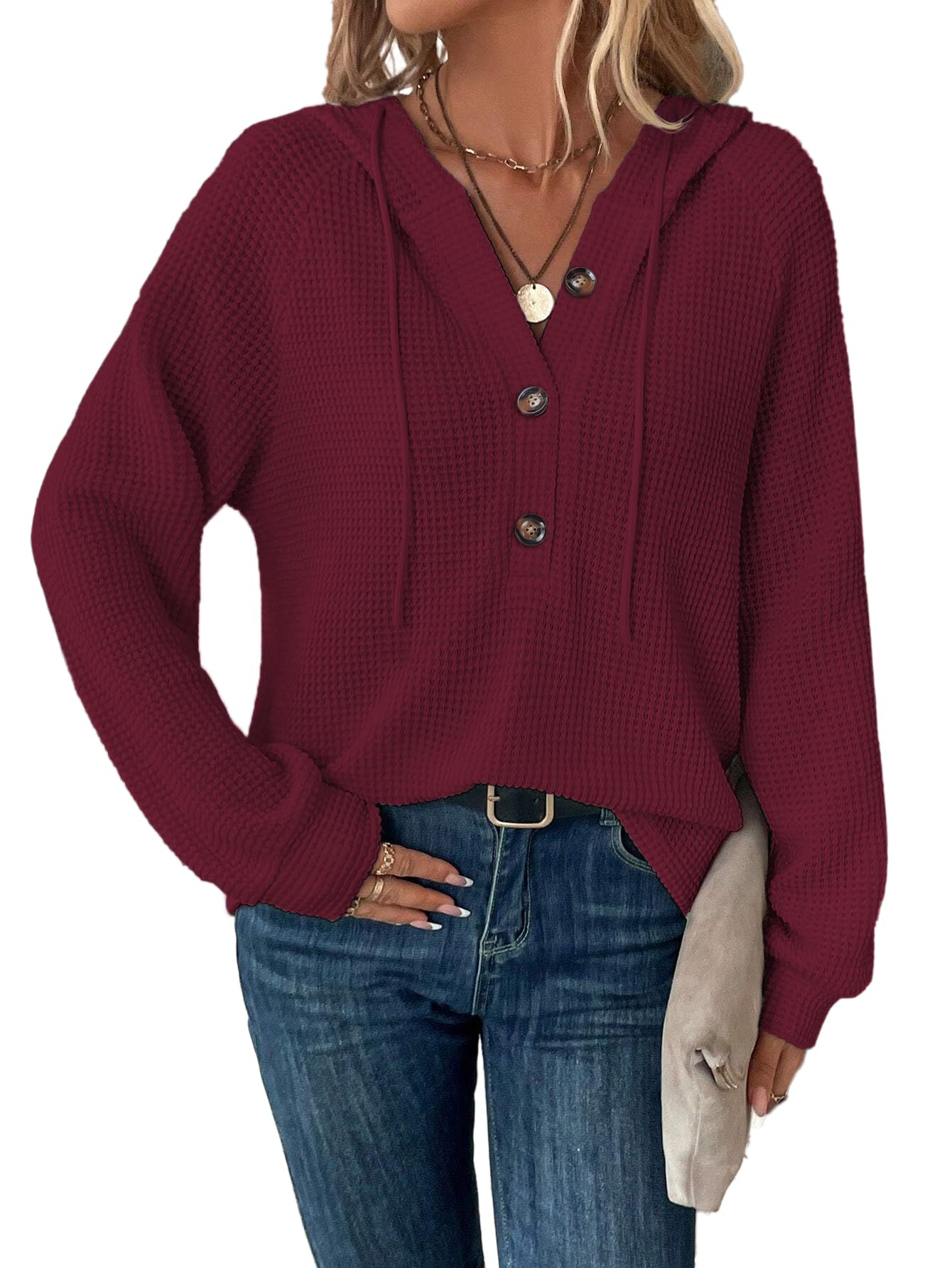 Tanmolo Hoodie Damen Kapuzenpullover Knopfleiste Leichter Pullover Langarm Sweatshirt Tops für Herbst