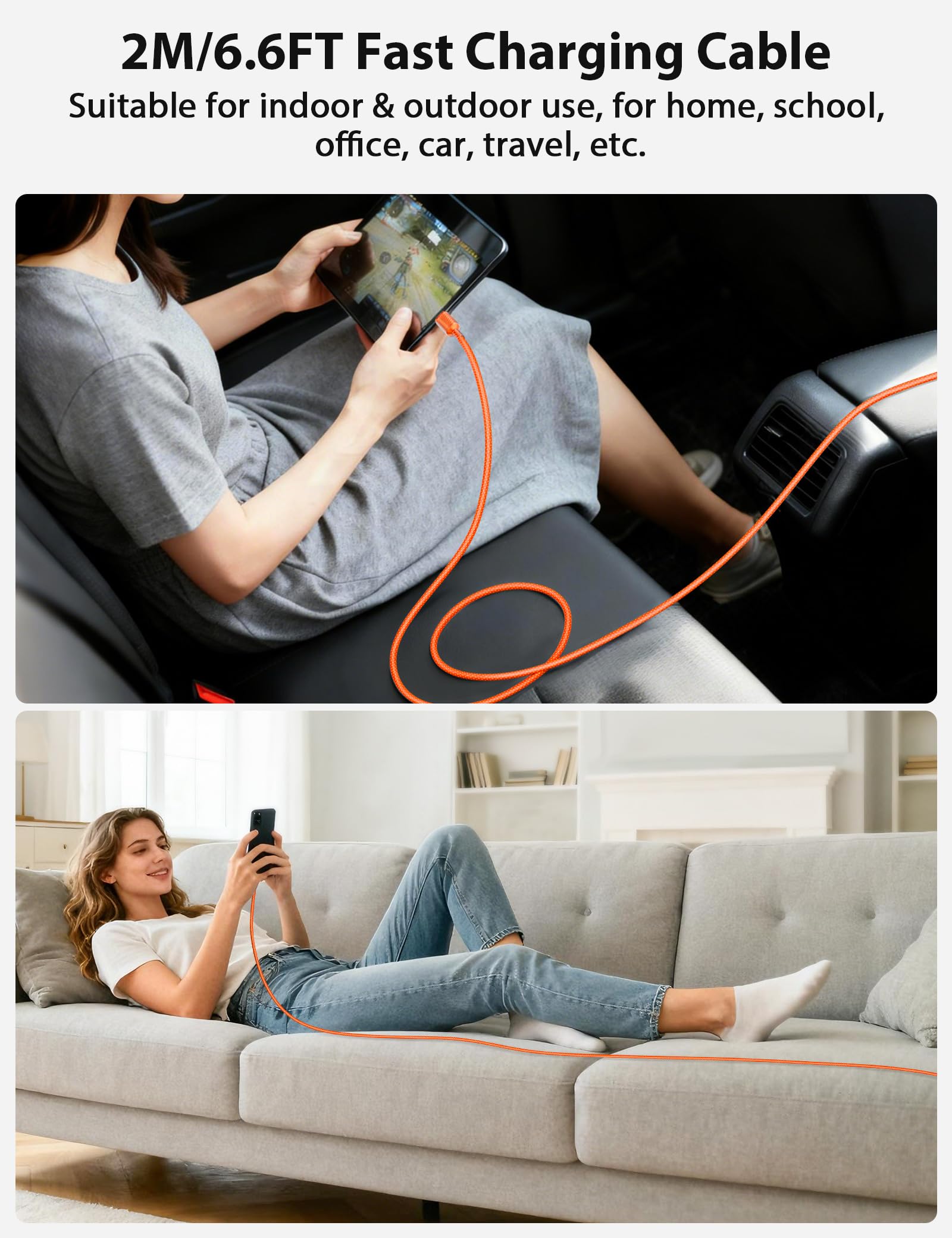 Cable USB C de carga rápida de 6.6 pies, 60 W, 45 W, 40 W, 30 W, 25 W, 3 A, cable USB-C a USBC, cable de carga PD trenzado de nailon para iPhone 17 Pro Max 16 Plus 16e 15 Galaxy S25 FE S24 S23 A17