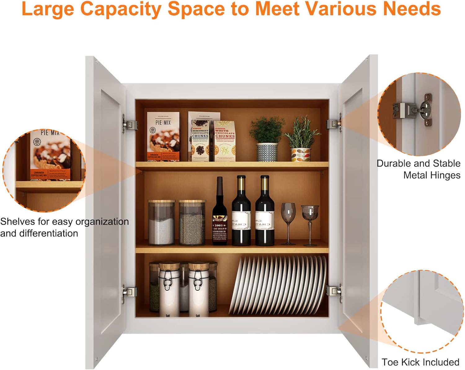 Interior of the cabinet with adjustable shelves and various items