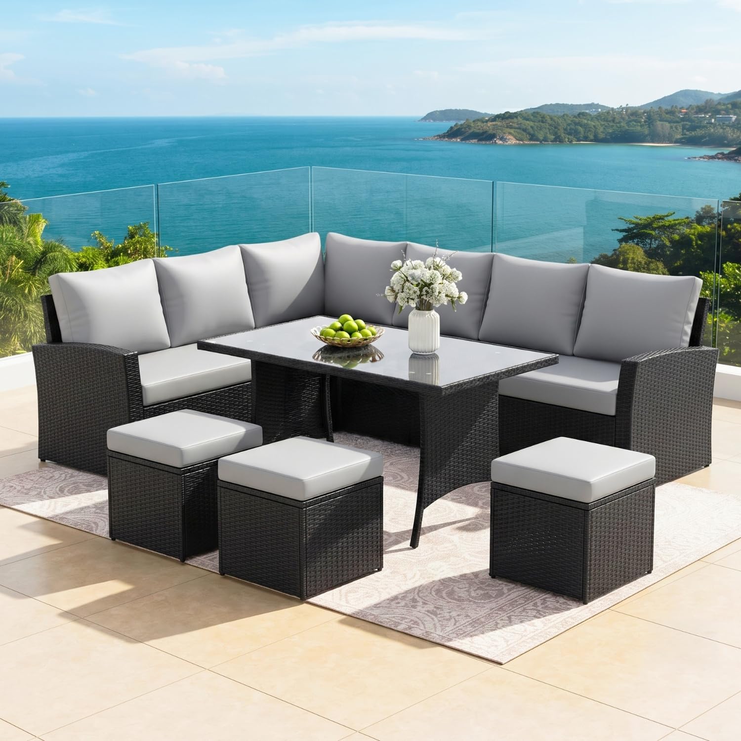 DEVOKO 6 Pcs Outdoor Conversation Set Patio Furniture Set All Weather Wicker Sectional Couch 7 Seater Sofa Dining Table Garden, Poolside, Balcony, Backyard (Black And Grey Color)