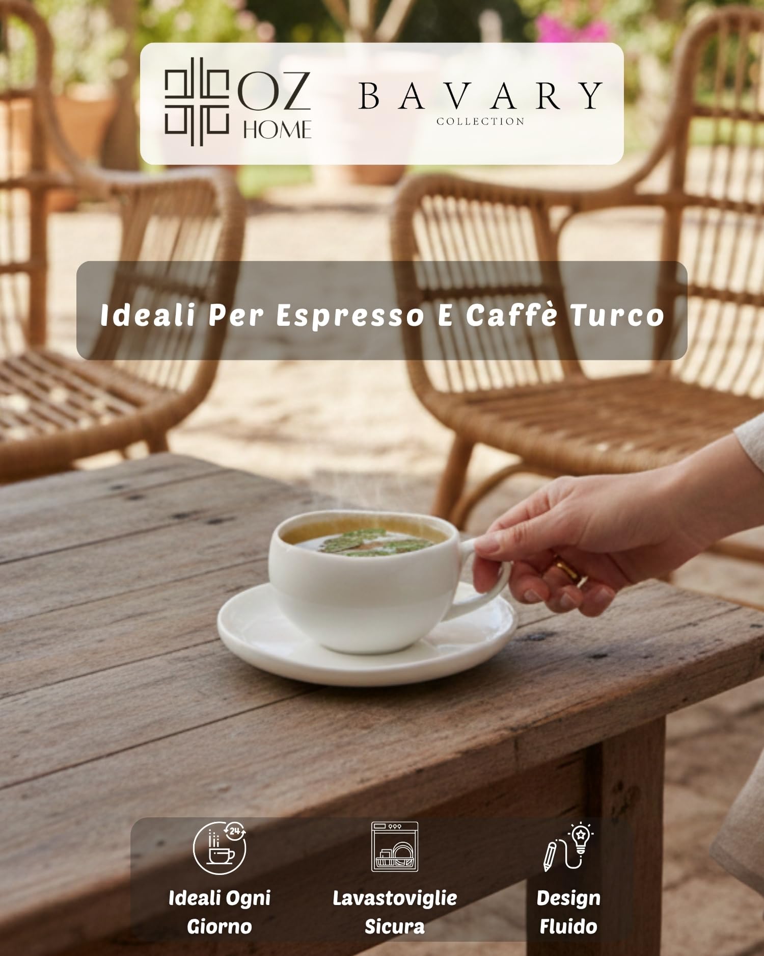 BAVARY Capital Tazzine Espresso con Piattino – Servizio Porcellana 12 Pezzi, 6 Persone –120 ml –Design ondulato moderno –Manico ovale ergonomico – Moka, Demitasse, Caffè turco – Bianco – Lavastoviglie
