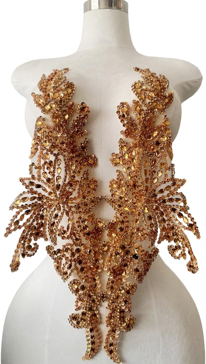 Handmade Rhinestones lace Applique sew on Beads Sequins Trim Patches Accessories for Girl Dress Clothing (Champagne)